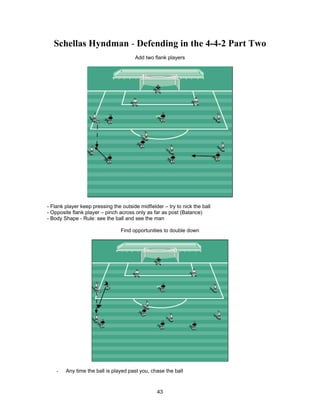 Schellas Hyndman - Defending in the 4-4-2 Part Two
Add two flank players
- Flank player keep pressing the outside midfielder – try to nick the ball
- Opposite flank player – pinch across only as far as post (Balance)
- Body Shape - Rule: see the ball and see the man
Find opportunities to double down
- Any time the ball is played past you, chase the ball
43
 