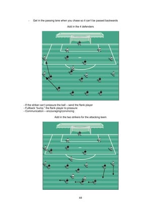- Get in the passing lane when you chase so it can’t be passed backwards
Add in the 4 defenders
- If the striker can’t pressure the ball – send the flank player
- Fullback “bump,” the flank player to pressure
- Communication – encouraging/convincing
Add in the two strikers for the attacking team
44
 