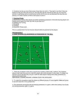 3. Variations can be you have three areas of play they can work in. They start in one then if they are
kicked out they go to the next and so on, this way they get two chances but also you can have two
winners in each group with an overall winner at the end. Or you can just decrease the area they are
playing in to make it harder as there is less space to work in.
4. Coaching Points
a) Awareness of where other players are whilst maintaining possession of the ball ensuring players are
looking around away from their own ball not just down at it.
b) Dribbling and Turning,
c) Shielding,
d) Tackling,
e) Anaerobic Fitness work.
This is a practice that is fun but ensures relevant skills are practiced by the players.
PROGRESSION 2
A GAME WORKING ON AWARENESS IN POSSESSION OF THE BALL
1. There are 12 players in this clinic (it can be any number), 9 with a ball, 3 without. The 3 players
without a ball have to try and win a ball off a player with a ball and pass it to the coach. If a player has
lost their soccer ball then they can join in with the other players helping them keep possession by
passing and support play.
EMPHASISE LOOKING AROUND, LOOKING OVER THE SHOULDER.
2. To make this competitive rotate the players so different groups of 3 work together, time each group
to see who does this in the quickest time.
3. This represents winning the ball and keeping possession in a game, rather than kicking it out of play
and losing possession again in a game.
51
 