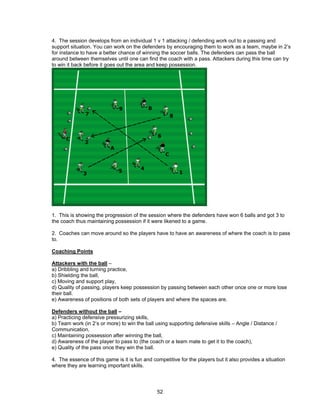 4. The session develops from an individual 1 v 1 attacking / defending work out to a passing and
support situation. You can work on the defenders by encouraging them to work as a team, maybe in 2’s
for instance to have a better chance of winning the soccer balls. The defenders can pass the ball
around between themselves until one can find the coach with a pass. Attackers during this time can try
to win it back before it goes out the area and keep possession.
1. This is showing the progression of the session where the defenders have won 6 balls and got 3 to
the coach thus maintaining possession if it were likened to a game.
2. Coaches can move around so the players have to have an awareness of where the coach is to pass
to.
Coaching Points
Attackers with the ball –
a) Dribbling and turning practice,
b) Shielding the ball,
c) Moving and support play,
d) Quality of passing, players keep possession by passing between each other once one or more lose
their ball.
e) Awareness of positions of both sets of players and where the spaces are.
Defenders without the ball –
a) Practicing defensive pressurizing skills,
b) Team work (in 2’s or more) to win the ball using supporting defensive skills – Angle / Distance /
Communication,
c) Maintaining possession after winning the ball,
d) Awareness of the player to pass to (the coach or a team mate to get it to the coach),
e) Quality of the pass once they win the ball.
4. The essence of this game is it is fun and competitive for the players but it also provides a situation
where they are learning important skills.
52
 
