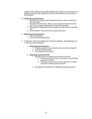 players in the middle grid must defend against the 4 players in the other grid. The
defending players in the middle grid may try to intercept the ball as it travels to
the other grid.
m. Attacking Coaching Points
i. Recognize the situation and understand what the coach is asking from
you as a player
ii. Prepare for the next move: After you have passed the ball to the other
grid, fix your shape in preparation to receive the next pass
iii. Recognize the completion of the third pass and play the ball to the other
grid
iv. Communication: Help each other by giving instruction
n. Defending Coaching Points
i. Watch and Prepare
ii. Try to block the passing lanes
o. Progression: Add 4 more defenders to introduce transition. If the defenders win
it, they now become attackers
i. Attacking Coaching Points
1. Prepare yourself in every situation and expect the unexpected
2. Don’t let the ball bounce
3. Keep the ball on the ground
ii. Defending Coaching Points
1. Recognize when to squeeze up and when to drop off
a. If the pass is slow and you can get there, put immediate
pressure on the ball
b. If the pass is quick and you cannot get there, concede
space first and then pressure the ball
2. Be prepared to transition from defending to attacking quickly
72
 