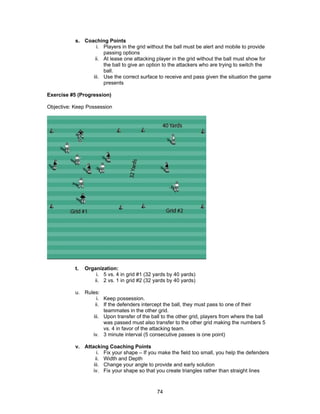 s. Coaching Points
i. Players in the grid without the ball must be alert and mobile to provide
passing options
ii. At lease one attacking player in the grid without the ball must show for
the ball to give an option to the attackers who are trying to switch the
ball.
iii. Use the correct surface to receive and pass given the situation the game
presents
Exercise #5 (Progression)
Objective: Keep Possession
t. Organization:
i. 5 vs. 4 in grid #1 (32 yards by 40 yards)
ii. 2 vs. 1 in grid #2 (32 yards by 40 yards)
u. Rules:
i. Keep possession.
ii. If the defenders intercept the ball, they must pass to one of their
teammates in the other grid.
iii. Upon transfer of the ball to the other grid, players from where the ball
was passed must also transfer to the other grid making the numbers 5
vs. 4 in favor of the attacking team.
iv. 3 minute interval (5 consecutive passes is one point)
v. Attacking Coaching Points
i. Fix your shape – If you make the field too small, you help the defenders
ii. Width and Depth
iii. Change your angle to provide and early solution
iv. Fix your shape so that you create triangles rather than straight lines
74
 