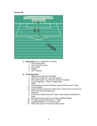 Exercise #6
a. Organization (use a combination of moves)
i. Play into the striker
ii. Turn around the corner
iii. Score Goals
iv. Dummy
v. Hit 2nd
attacker
b. Coaching Points
i. Nearest to the ball is the first striker
ii. Never kick a dead ball – move the ball first
iii. Don’t stop the ball – you’ll lose the element of surprise
iv. Angle of approach – show on a slight angle
v. Jacks
vi. If the ball gets set by the first striker, play the ball into the 2nd
striker
vii. Communication
viii. As the ball gets set by the 2nd
striker, the 1st
striker must run across him
ix. Shoot if you have the opportunity
x. Improvise
xi. If the road is blocked into the 2nd
striker, play it wide and prepare for a
cross
xii. Don’t take the easy option, try to make something happen
xiii. 2nd
striker communicate with the 1st
striker
xiv. Opposite Midfielder – run to the far post
xv. Pace of the pass – firm so its less easy to read
9
 