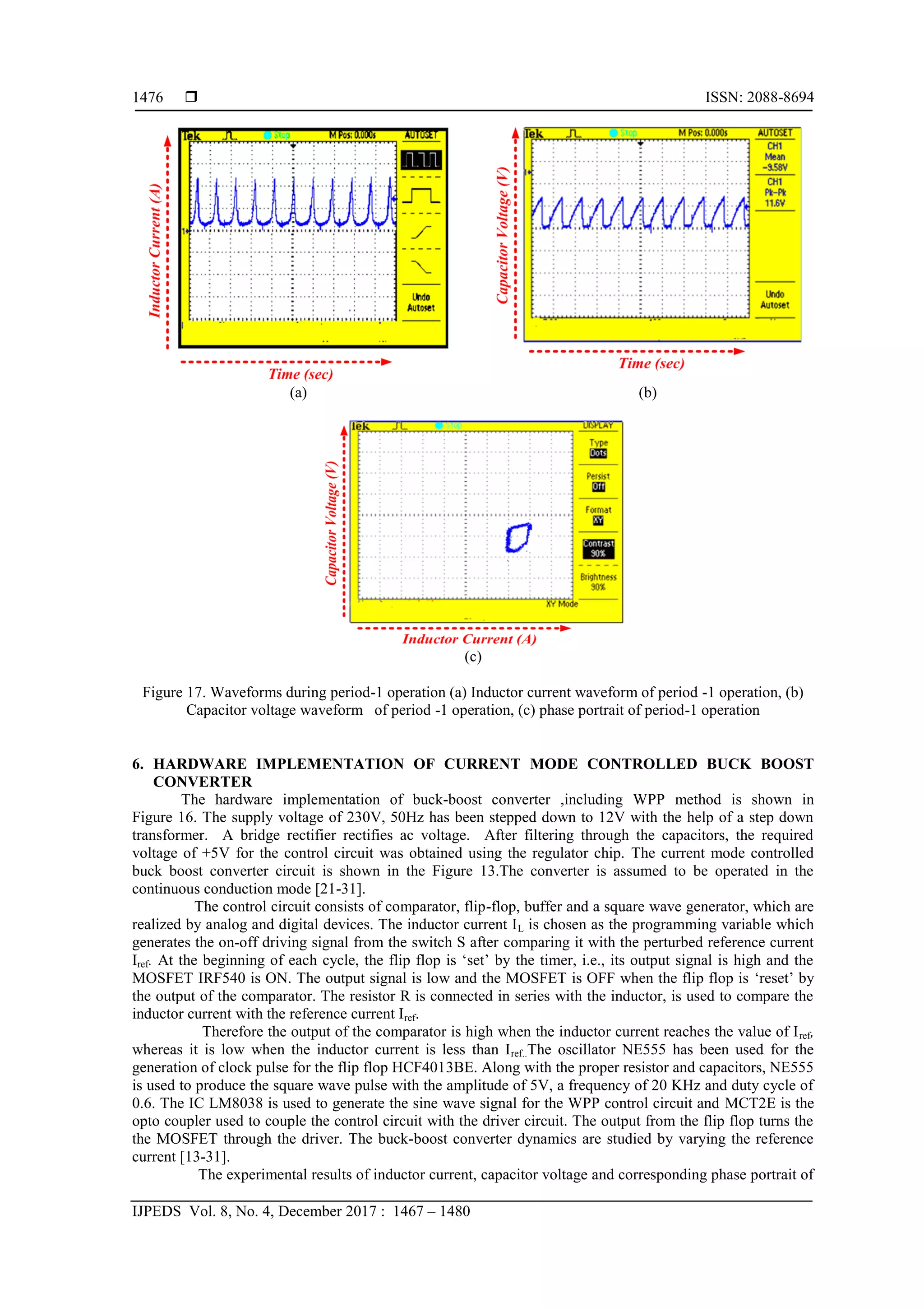  ISSN: 2088-8694
IJPEDS Vol. 8, No. 4, December 2017 : 1467 – 1480
1476
(a) (b)
(c)
Figure 17. Waveforms during period-1 operation (a) Inductor current waveform of period -1 operation, (b)
Capacitor voltage waveform of period -1 operation, (c) phase portrait of period-1 operation
6. HARDWARE IMPLEMENTATION OF CURRENT MODE CONTROLLED BUCK BOOST
CONVERTER
The hardware implementation of buck-boost converter ,including WPP method is shown in
Figure 16. The supply voltage of 230V, 50Hz has been stepped down to 12V with the help of a step down
transformer. A bridge rectifier rectifies ac voltage. After filtering through the capacitors, the required
voltage of +5V for the control circuit was obtained using the regulator chip. The current mode controlled
buck boost converter circuit is shown in the Figure 13.The converter is assumed to be operated in the
continuous conduction mode [21-31].
The control circuit consists of comparator, flip-flop, buffer and a square wave generator, which are
realized by analog and digital devices. The inductor current IL is chosen as the programming variable which
generates the on-off driving signal from the switch S after comparing it with the perturbed reference current
Iref. At the beginning of each cycle, the flip flop is ‗set‘ by the timer, i.e., its output signal is high and the
MOSFET IRF540 is ON. The output signal is low and the MOSFET is OFF when the flip flop is ‗reset‘ by
the output of the comparator. The resistor R is connected in series with the inductor, is used to compare the
inductor current with the reference current Iref.
Therefore the output of the comparator is high when the inductor current reaches the value of Iref,
whereas it is low when the inductor current is less than Iref..The oscillator NE555 has been used for the
generation of clock pulse for the flip flop HCF4013BE. Along with the proper resistor and capacitors, NE555
is used to produce the square wave pulse with the amplitude of 5V, a frequency of 20 KHz and duty cycle of
0.6. The IC LM8038 is used to generate the sine wave signal for the WPP control circuit and MCT2E is the
opto coupler used to couple the control circuit with the driver circuit. The output from the flip flop turns the
the MOSFET through the driver. The buck-boost converter dynamics are studied by varying the reference
current [13-31].
The experimental results of inductor current, capacitor voltage and corresponding phase portrait of
 