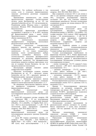 29227
3
аминокислот. Это особенно необходимо в том
случае, если в отдельных ферментационных
загрузках достигаются различные содержания
аминокислот.
Производящие аминокислоты, для лизина
предпочтительно применяют соответствующие
мутанту видов Brevibacterium sp шт. 92; для
треонина Escherichia coli шт. 472; для метионина шт.
Pseudomonas putida, Штаммы взяты с музейной
коллекции Филиала РГП «Национальный центр
биотехнологии».
Температуру ферментации целесообразно
поддерживать в пределах от 30 до 40°С, величина
pH ферментационной среды - между 6,0-8,0.
Продолжительность ферментации составляет
обычно максимально 48-72 ч.
Для окончательного высушивания
предварительного концентрата использовали
распылительную сушилку Buchi -190.
Поскольку желательна стандартизация
кормового средства для животных согласно
изобретению относительно содержания
аминокислот, то это можно осуществлять,
например, путем соответствующего выбора
количества оставшейся биомассы и/или
соответствующего выделения предварительного
концентрата из различных ферментационных
культуральных жидкостей. Эти предварительные
концентраты являются особенно пригодными, если
они не содержат больше биомассы, так как эти
продукты являются гомогенными.
Последующие примеры поясняют данное
изобретение более подробно.
Объектами ислледования служили штаммы
Brevibacterium sp. шт. 92 - продуцент лизина,
Escherichia coli шт. 472 - продуцент треонина и
Pseudomonas putida - продуцент метионина.
Пример 1. Проведена зависимость выхода
аминокислот от уровня содержания углеводов,
варианты опытов представлены на рисунках 1; 2; 3
На диаграммах представлены варианты опытов,
где варьируется содержание углеводов в
ферментационных средах.
Подобран компонентный состав
ферментационной питательной среды для
культивирования продуцента лизина (Brevibacterium
sp. шт. 92)
- среда ФЛ следующего состава: сахароза -100
г/л; гидролизат БВК - 35 мл; культуральная
жидкость лейцина - 0,2 г/л; сернокислый аммоний
(NH4)SO4 - 35 г/л; KН2РО4 - 1,5; MgSO4·7H2O - 0,5 г;
мел - 30,0 г/л; вода водопроводная - 1 л. pH - 7,0. В
питательной среде варьировали содержание
сахарозы - 20,0; 50,0; 100,0 и 120 г/л.
Подобран компонентный состав
ферментационной питательной среды для
культивирования продуцента треонина (Escherichia
coli шт. 472)
- среда ФТ Адамса следующего состава, г/л:
сахароза - 80,0; (NH4)2SO4 - 25,0; KН2РO4-2,0;
MgSO4·7Н2О - 0,5; СаСО3 - 40,0; пенициллин -
500 ед/мл; вода дистиллированная - 1 л. В
питательной среде варьировали содержание
сахарозы - 40,0, 50,0, 80,0, 90,0, 100,0 г/л.
При содержании углеводов 120 г/л для лизина и
100 г/л для треонина конверсия сахара составляет
30%, остаточные редуцирующие вещества
составляют 20% при этом отмечено снижение
концентрации аминокислот. Поэтому оптимальным
содержанием сахарозы для лизина является 100 г/л,
для треонина 80 г/л.
Подобран компонентный состав
ферментационной питательной среды для
культивирования продуцента метионина
(Pseudomonas putida) г/л; KН2РO4 - 2,0; K2НРO4 - 2,0;
сульфат аммония - 10,0; глюкоза - 100,0; дрожжевой
экстракт - 5,0; антивспениватель - 1; pH 7,0. В
питательной среде варьировали содержание
сахарозы - 60,0, 100,0, 120,0, 140,0 г/л.
Оптимальным содержанием сахарозы для
метионина является 120 г/л.
Пример 2. Отработка режима и условия
культивирования штаммов-продуцентов
аминокислот в полупромышленных условиях.
Условия подбора представлены на рисунке 4.
Условия культивирования отрабатывали на
ферментере Electrolux 130 L. Режим ферментации
контролировался по температурным параметрам, по
работе мешалки, аэрации и продолжительности
культивирования. Оптимальным условием режима
культивирования составило:
- лизина: температура - 32±1°С; аэрация-5 л/мин;
работа мешалки - 240 мин-1; продолжительность
культивирования - 72 ч.
- треонина: температура - 37±1°С; аэрация -
5 л/мин; работа мешалки - 240 мин-1;
продолжительность культивирования - 48 ч.
- метионина: температура - 32±1°С; аэрация-
5 л/мин; работа мешалки - 240 мин-1;
продолжительность культивирования - 72 ч.
В конце ферментации получили съем биомассы с
концентрациями лизина 35,0 г/л; треонина 15,0 г/л;
метионина 12,0 г/л.
Пример 3. Концентрирование проводили
упариванием на роторном испарителе при
температурах: для лизина - 60°С, треонина - 60°С и
метионина 70-100°С, предварительно подкисляли
соляной кислотой и стабилизировали.
Полученный концентрат направляли на
распылительную сушилку Buchi - 190.
Высушивание проводили при двух условиях,
которые представлены на рисунке 5.
Оптимальным условием высушивания на
распылительной сушилке составило 2-е условие.
Выход аминокислот в сухом виде составляет:
лизина - 150 г/кг; треонина - 85 г/кг; метионина -
80,0 г/кг
Массовую концентрацию аминокислот
определяли методом ВЭЖХ с этапом
предколоночной дериватизации Dabs-Cl
Определение массовой концентрации
аминокислот проводили методом
высокоэффективной жидкостной хроматографии
(ВЭЖХ) на приборе ВЭЖХ Perkin Elmer series 200 с
обращенно-фазной колонкой Zorbax Exctend Cl8
 