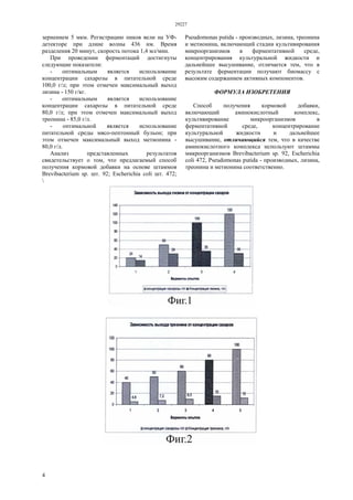29227
4
зернением 5 мкм. Регистрацию пиков вели на УФ-
детекторе при длине волны 436 нм. Время
разделения 20 минут, скорость потока 1,4 мл/мин.
При проведении ферментаций достигнуты
следующие показатели:
- оптимальным является использование
концентрации сахарозы в питательной среде
100,0 г/л; при этом отмечен максимальный выход
лизина - 150 г/кг.
- оптимальным является использование
концентрации сахарозы в питательной среде
80,0 г/л; при этом отмечен максимальный выход
треонина - 85,0 г/л.
- оптимальной является использование
питательной среды мясо-пептонный бульон; при
этом отмечен максимальный выход метионина -
80,0 г/л.
Анализ представленных результатов
свидетельствует о том, что предлагаемый способ
получения кормовой добавки на основе штаммов
Brevibacterium sp. шт. 92; Escherichia coli шт. 472;
Pseudomonas putida - производных, лизина, треонина
и метионина, включающий стадии культивирования
микроорганизмов в ферментативной среде,
концентрирования культуральной жидкости и
дальнейшее высушивание, отличается тем, что в
результате ферментации получают биомассу с
высоким содержанием активных компонентов.
ФОРМУЛА ИЗОБРЕТЕНИЯ
Способ получения кормовой добавки,
включающий аминокислотный комплекс,
культивирование микроорганизмов в
ферментативной среде, концентрирование
культуральной жидкости и дальнейшее
высушивание, отличающийся тем, что в качестве
аминокислотного комплекса используют штаммы
микроорганизмов Brevibacterium sp. 92, Escherichia
coli 472, Pseudomonas putida - производных, лизина,
треонина и метионина соответственно.

 