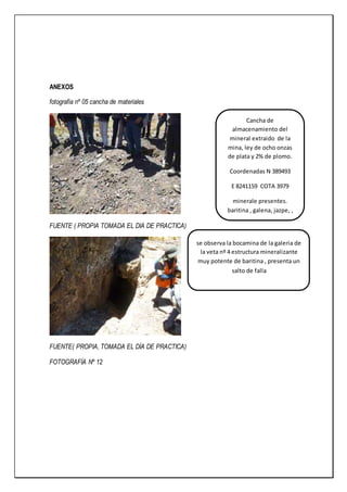 ANEXOS
fotografia nº 05 cancha de materiales
FUENTE ( PROPIA TOMADA EL DIA DE PRACTICA)
FUENTE( PROPIA, TOMADA EL DÍA DE PRACTICA)
FOTOGRAFÍA Nº 12
Cancha de
almacenamiento del
mineral extraido de la
mina, ley de ocho onzas
de plata y 2% de plomo.
Coordenadas N 389493
E 8241159 COTA 3979
minerale presentes.
baritina , galena, jazpe, ,
calcita, argentita, goetita,
y otros.
se observa la bocamina de la galeria de
la veta nº 4 estructura mineralizante
muy potente de baritina , presenta un
salto de falla
 