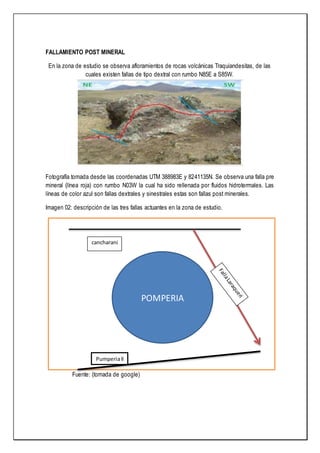 FALLAMIENTO POST MINERAL
En la zona de estudio se observa afloramientos de rocas volcánicas Traquiandesitas, de las
cuales existen fallas de tipo dextral con rumbo N85E a S85W.
Fotografía tomada desde las coordenadas UTM 388983E y 8241135N. Se observa una falla pre
mineral (línea roja) con rumbo N03W la cual ha sido rellenada por fluidos hidrotermales. Las
líneas de color azul son fallas dextrales y sinestrales estas son fallas post minerales.
Imagen 02: descripción de las tres fallas actuantes en la zona de estudio.
Fuente: (tomada de google)
POMPERIA
cancharani
PumperiaII
 