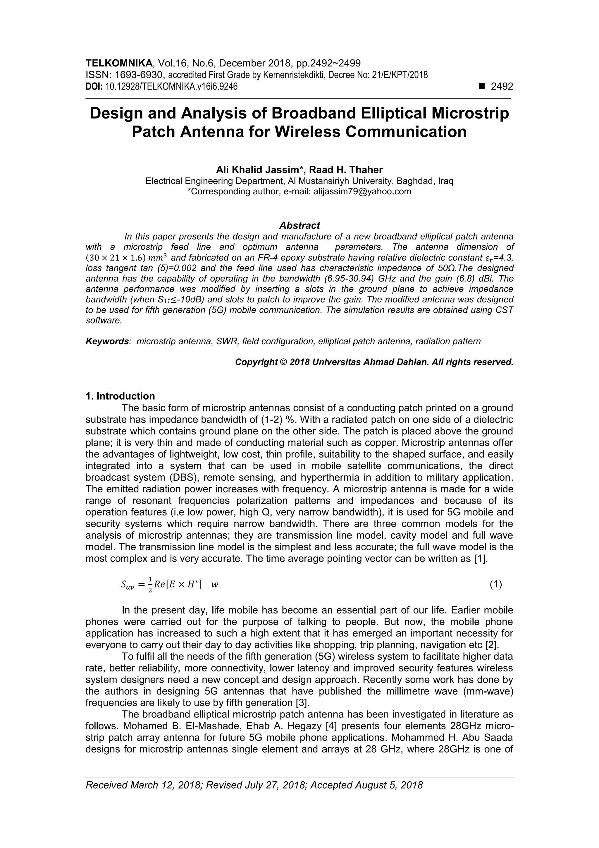 Design and Analysis of Broadband Elliptical Microstrip Patch Antenna ...