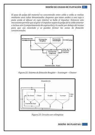 DISEÑO DE CELDAS DE FLOTACIÓN 36
DISEÑO DE PLANTAS I
El paso de pulpa del material no concentrado entre celda a celda se realiza
mediante unos tubos denominados chupones que estan unidos a una caja o
jaula unida al difusor en cuyo interior se halla el impulsor. Entonces este
mecanismo permite que al girar el impulsor aspire la pulpa de la celda anterior
e incluso aire (comportamiento de aspiración) y lo suelte por debajo del mismo
para que sea mezclado y se puedan formar las zonas de flotación
convencionales.
Figura 22. Sistema de flotación Rougher – Scavenger – Cleaner
Figura 23. Circuito con relimpieza
 