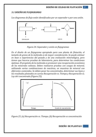 DISEÑO DE CELDAS DE FLOTACIÓN 37
DISEÑO DE PLANTAS I
3.1 DISEÑO DE FLUJOGRAMAS
Los diagramas de flujo están identificados por un separador o por una unión.
Figura 24. Separador y unión en flujogramas
En el diseño de un flujograma apropiado para una planta de flotación, el
tamaño de grano de la molienda es de mayor consideración. Se puede estimar
en base a experiencias del pasado y de una evaluación mineralógica, pero
tienen que hacerse pruebas de laboratorio, para determinar las condiciones
óptimas. El propósito de la molienda es promover una recuperación económica
de los minerales valiosos. Deben realizarse pruebas con cargas de mineral,
utilizando varias combinaciones de reactivos, en muestras de mineral con
diferentes contenidos. Se deben pesar los concentrados, determinar sus leyes y
los resultados ploteados en curvas Recuperación vs. Tiempo y Recuperación vs.
Ley del concentrado (Figura 25).
Figura 25. (a) Recuperación vs. Tiempo; (b) Recuperación vs concentración
 