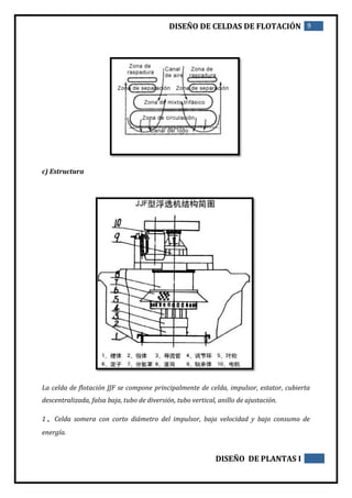 DISEÑO DE CELDAS DE FLOTACIÓN 9
DISEÑO DE PLANTAS I
c) Estructura
La celda de flotación JJF se compone principalmente de celda, impulsor, estator, cubierta
descentralizada, falsa baja, tubo de diversión, tubo vertical, anillo de ajustación.
1、Celda somera con corto diámetro del impulsor, baja velocidad y bajo consumo de
energía.
 
