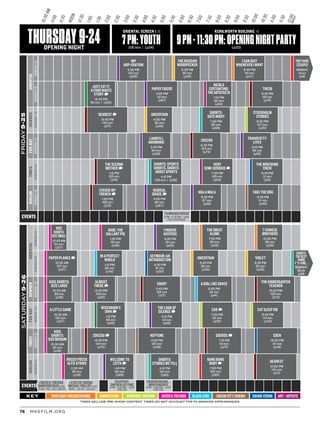 MKEFILM.ORG76
2:00
6:00
10:00
NOON
4:00
8:00
12:00MIDNIGHT
11:30
3:30
7:30
11:30
1:30
5:30
9:30
10:30AM
2:30
6:30
10:30
12:30
4:30
8:30
11:00
3:00
7:00
11:00
1:00
5:00
9:00
ORIENTALORIENTALFOX-BAYFOX-BAYTIMESTIMESAVALONAVALON
EVENTS
EVENTS
SCREEN1SCREEN1SCREEN1SCREEN1SCREEN1SCREEN1
DOWNERDOWNER
SCREEN1SCREEN1SCREEN2SCREEN2SCREEN1SCREEN1
FRIDAY9-25SATURDAY9-26
THURSDAY9-24OPENING NIGHT
7PM:YOUTH128 min | (p24)
9PM-11:30PM:OPENINGNIGHTPARTY(p20)
BLACK LENSSPOTLIGHT PRESENTATIONS PASSPORT: SWEDEN SOUND VISIONCOMPETITION RATEDK:FORKIDSKEY ART + ARTISTSCREAM CITY CINEMA
TIMES INCLUDE PRE-SHOW CONTENT. TIMES DO NOT ACCOUNT FOR FILMMAKER APPEARANCES.
JUST EAT IT:
A FOOD WASTE
STORY D
12:45 PM
92 min | (p62)
DEAREST D
12:45 PM
140 min
(p71)
THEEB
9:45 PM
110 min
(p74)
EXCUSE MY
FRENCH D
1:00 PM
109 min
(p72)
PAPER TIGERS
4:00 PM
112 min
(p67)
HIP
HOP-ERATION
2:30 PM
103 min
(p65)
SHORTS:
DATE NIGHT
7:00 PM
98 min
(p58)
THE RUSSIAN
WOODPECKER
5:30 PM
92 min
(p29)
I CAN QUIT
WHENEVER I WANT
8:45 PM
110 min
(p27)
THEYHAVE
ESCAPED
MIDNIGHT
114 min
(p56)
NICOLA
COSTANTINO:
THEARTEFACTA
7:15 PM
90 min
(p53)
UNCERTAIN
4:00 PM
92 min
(p30)
STOCKHOLM
STORIES
9:30 PM
107 min
(p35)
LANDFILL
HARMONIC
3:45 PM
94 min
(p66)
ZOUZOU
6:30 PM
104 min
(p75)
TRANSFATTY
LIVES
9:15 PM
95 min
(p68)
THE SECOND
MOTHER D
1:15 PM
120 min
(p74)
SHORTS: SPORTS
SHORTS. SHORTS
ABOUT SPORTS
4:15 PM
109 min | (p59)
VERY
SEMI-SERIOUS D
7:00 PM
105 min
(p54)
THE WRECKING
CREW
9:45 PM
111 min
(p51)
RADICAL
GRACE D
4:00 PM
85 min
(p67)
MALA MALA
6:30 PM
97 min
(p66)
TAKE THE DOG
9:30 PM
111 min
(p46)
FINDERS
KEEPERS
4:30 PM
101 min
(p65)
KIDS
SHORTS:
SIZESMALL
10:45 AM
63 min
(p37)
BABE: THE
GALLANT PIG
1:30 PM
101 min
(p36)
THE GREAT
ALONE
7:00 PM
90 min
(p26)
7 CHINESE
BROTHERS
10:00 PM
86 min
(p26)
PAPER PLANES D
10:30 AM
107 min
(p37)
IN A PERFECT
WORLD
1:15 PM
86 min
(p42)
SEYMOUR: AN
INTRODUCTION
4:00 PM
91 min
(p50)
UNCERTAIN
6:30 PM
92 min
(p30)
VIOLET
9:30 PM
92 min
(p30)
Shorts:
TheBest
Damn
F*#@ing...
MIDNIGHT
96min
(p58)
COURT
3:45 PM
126 min
(p71)
KIDS SHORTS:
SIZE LARGE
10:30 AM
89 min
(p38)
ALMOST
THERE D
12:45 PM
103 min
(p52)
A GIRL LIKE GRACE
6:45 PM
115 min
(p41)
THE KINDERGARTEN
TEACHER
10:00 PM
129 min
(p73)
WISCONSIN’S
OWN D
1:15 PM
95 min
(p63)
A LITTLE GAME
10:30 AM
102 min
(p37)
THE LOOK OF
SILENCE D
4:15 PM
113 min
(p66)
EGO D
7:00 PM
110 min
(p33)
EAT SLEEP DIE
9:45 PM
114 min
(p33)
KIDS
SHORTS:
SIZEMEDIUM
10:30 AM
80 min
(p38)
ZOUZOU D
12:45 PM
104 min
(p75)
NEPTUNE
3:30 PM
126 min
(p46)
GÜEROS D
7:15 PM
116 min
(p72)
EDEN
10:00 PM
141 min
(p49)
HOCUS POCUS
ALFIE ATKINS
11:30 AM
85 min
(p36)
WELCOME TO
LEITH D
1:45 PM
96 min
(p69)
SHORTS:
STORIES WE TELL
4:15 PM
102 min
(p60)
BANG BANG
BABY D
7:00 PM
100 min
(p55)
DEAREST
10:00 PM
140 min
(p71)
ORIENTAL SCREEN 1 KENILWORTH BUILDING
filmmaker mixer
5 PM - 6:30 PM | (p18)
CAFE CENTRAAL
PASSPORT:
SWEDEN LECTURE
2 PM - 3:30 PM | (p19)
KSE 620
≤RATEDK:forkids
BARNYARDBASH(p38)
10AM-1PM | EASTLIBRARY
CROWDFUNDING...
INDEPENDENCE
4 PM - 5:30 PM | (p18)
KSE 620
≤stateofcinema:
michaelphillips(p19)
NOON - 1:30 PM | KSE 620
 