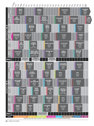 MKEFILM.ORG80
2:00
6:00
10:00
NOON
4:00
8:00
12:00MIDNIGHT
11:30
3:30
7:30
11:30
1:30
5:30
9:30
10:30AM
2:30
6:30
10:30
12:30
4:30
8:30
11:00
3:00
7:00
11:00
1:00
5:00
9:00
ORIENTALORIENTALFOX-BAYFOX-BAYTIMESTIMESAVALONAVALON
EVENTS
EVENTS
SCREEN1SCREEN1SCREEN1SCREEN1SCREEN1SCREEN1
DOWNERDOWNER
SCREEN1SCREEN1SCREEN2SCREEN2SCREEN1SCREEN1
SATURDAY10-3SUNDAY10-4
BLACK LENSSPOTLIGHT PRESENTATIONS PASSPORT: SWEDEN SOUND VISIONCOMPETITION RATEDK:FORKIDSKEY ART + ARTISTSCREAM CITY CINEMA
TIMES INCLUDE PRE-SHOW CONTENT. TIMES DO NOT ACCOUNT FOR FILMMAKER APPEARANCES.
SONG OF
THE SEA
10:30 AM
103 min
(p37)
BEATLES D
6:45 PM
120 min
(p26)
YOOPERA!
D
1:00 PM
82 min
(p46)
ALMOST THERE
9:45 PM
103 min
(p52)
KING GEORGES
D
4:00 PM
98 min
(p62)
KIDS
SHORTS:
SIZEMEDIUM
10:30 AM
80 min
(p38)
MEDIATED
REALITIES:
VIDEOS BY
JESSE MCLEAN
3:30 PM
85 min | (p53)
NINA
FOREVER
MIDNIGHT
108 min
(p56)
BANG BANG BABY
9:00 PM
100 min
(p55)
KING GEORGES
6:15 PM
98 min
(p62)
KIDS
SHORTS:
SIZESMALL
11:30 AM
63 min
(p37)
NO ONE’S CHILD D
4:15 PM
107 min
(p29)
CALL ME LUCKY
7:00 PM
115 min
(p52)
MARGARITA, WITH
A STRAW
10:00 PM
110 min
(p73)
HOCUS POCUS
ALFIE ATKINS
≤10:00 AM
85 min
(p36)
CLARENCE D
12:30 PM
91 min
(p44)
STATION TO
STATION
10:15 PM
90 min
(p54)
FOODIES
3:45 PM
104 min
(p61)
VIKTORIA
6:30 PM
165 min
(p74)
KIDS SHORTS:
SIZE LARGE
10:30 AM
89 min
(p38)
HOTELL
6:15 PM
122 min
(p34)
EDEN
9:15 PM
141 min
(p49)
STATION TO
STATION
4:00 PM
90 min
(p54)
WE COME
AS FRIENDS D
1:00 PM
120 min
(p69)
A BALLERINA’S
TALE D
4:15 PM
95 min
(p41)
VERY
SEMI-SERIOUS D
1:30 PM
105 min
(p54)
A HARD DAY
9:30 PM
136 min
(p72)
PAPER TIGERS D
6:45 PM
112 min
(p67)
HOW TO DANCE
IN OHIO D
10:30 AM
104 min
(p66)
MOST LIKELY
TO SUCCEED
12:45 PM
96 min
(p27)
THE SEVENTH
SEAL D
4:15 PM
106 min
(p35)
KIDS
SHORTS:
SIZESMALL
10:45 AM
63 min
(p37)
THE GLAMOUR
& THE SQUALOR
7:00 PM
90 min
(p50)
MALA MALA
10:00 PM
97 min
(p66)
SONG OF
THE SEA
11:00 AM
103 min
(p37)
STOP MAKING
SENSE
11:00 PM
98 min
(p50)
ROMEO IS
BLEEDING
2:30 PM
103 min
(p67)
T-REX
12:45 PM
97 min
(p68)
PEACE OFFICER
7:00 PM
129 min
(p25)
LITTLE WHITE
LIE D
11:30 AM
89 min
(p42)
EXTRAORDI-
NARY TALES
D
4:45 PM
83 min
(p55)
JUST EAT IT:
A FOOD WASTE
STORY D
7:00 PM
92 min | (p62)
THE ARMOR
OF LIGHT
9:30 PM
97 min
(p64)
SHORTS:
LET’S GET
ANIMATED
2:00 PM
102 min
(p59)
LAST NIGHT
10:00 PM
107 min
(p42)
BREAKING A
MONSTER D
1:00 PM
102 min
(p49)
LANDFILL
HARMONIC
7:00 PM
94 min
(p66)
SHORTS:
MODERN
FAMILIES
4:00 PM
102 min
(p59)
LAST NIGHT
9:30 PM
107 min
(p42)
A LITTLE GAME
10:45 AM
102 min
(p37)
VIOLET
7:00 PM
92 min
(p30)
THE FAREWELL
PARTY
1:30 PM
100 min
(p72)
SHORTS: OUT OF
THIS WORLD
4:15 PM
105 min
(p59)
PAPER PLANES
10:30 AM
107 min
(p37)
DREAMCATCHER
D
4:15 PM
108 min
(p64)
IMPERIAL
DREAMS
7:00 PM
97 min
(p29 & p41)
Shorts: The
Best Damn
F*#@ing...
9:45 PM
96 min
(p58)
SHORTS: SPORTS
SHORTS. SHORTS
ABOUT SPORTS D
1:30 PM
109 min | (p59)
PITCH US YOUR
FILM! CONTEST
NOON - 1:30 PM | (p18)
KSE 620
COMMUNITY-
POLICE RELATIONS
2 PM - 3:30 PM | (p19)
KSE 620
EDUCATION REFORM:
PRAXIS & POLICY
3 PM - 5 PM | (p19) | KSE 620
YOUTH PEACE
ACTIVISM IN MKE
5 PM - 6:30 PM | (p19)
KSE 620
A YEAR IN
CHAMPAGNE
D
1:30 PM
92 min | (p63)
 