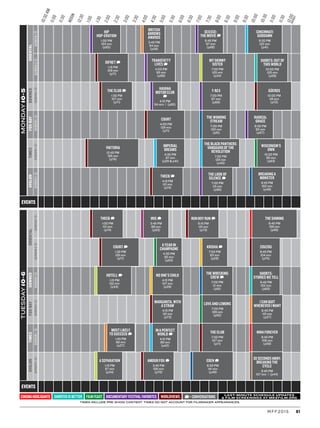 81MFF2015
2:00
6:00
10:00
NOON
4:00
8:00
12:00MIDNIGHT
11:30
3:30
7:30
11:30
1:30
5:30
9:30
10:30AM
2:30
6:30
10:30
12:30
4:30
8:30
11:00
3:00
7:00
11:00
1:00
5:00
9:00
ORIENTALORIENTALFOX-BAYFOX-BAYTIMESTIMESAVALONAVALON
EVENTS
EVENTS
SCREEN1SCREEN1SCREEN1SCREEN1SCREEN1SCREEN1
DOWNERDOWNER
SCREEN1SCREEN1SCREEN2SCREEN2SCREEN1SCREEN1
MONDAY10-5TUESDAY10-6
CINEMA HOOLIGANTE SHORTER IS BETTER FILM FEAST DOCUMENTARY FESTIVAL FAVORITES WORLDVIEWS D= CONVERSATIONS LAST-MINUTE SCHEDULE UPDATES
& FILM SCREENINGS AT MKEFILM.ORG
TIMES INCLUDE PRE-SHOW CONTENT. TIMES DO NOT ACCOUNT FOR FILMMAKER APPEARANCES.
MOST LIKELY
TO SUCCEED D
1:45 PM
96 min
(p27)
THE BLACK PANTHERS:
VANGUARD OF THE
REVOLUTION
7:00 PM
126 min
(p40)
CINCINNATI
GODDAMN
9:30 PM
122 min
(p41)
IN A PERFECT
WORLD D
4:15 PM
86 min
(p42)
KRISHA D
7:00 PM
93 min
(p29)
A SEPARATION
1:15 PM
97 min
(p34)
NO ONE’S CHILD
4:15 PM
107 min
(p29)
HOTELL D
1:15 PM
122 min
(p34)
MY SKINNY
SISTER
7:00 PM
105 min
(p34)
BRITISH
ARROWS
AWARDS
3:45 PM
84 min
(p26)
30 SECONDS AWAY:
BREAKING THE
CYCLE
9:45 PM
107 min | (p44)
EDEN D
6:30 PM
141 min
(p49)
BREAKING A
MONSTER
9:45 PM
102 min
(p49)
THE WINDING
STREAM
7:00 PM
100 min
(p51)
THE WRECKING
CREW D
7:00 PM
111 min
(p51)
IRIS D
3:45 PM
88 min
(p53)
NINA FOREVER
9:45 PM
108 min
(p56)
THE SHINING
9:45 PM
156 min
(p56)
LOVE AND LEMONS
7:00 PM
109 min
(p62)
WISCONSIN’S
OWN
10:00 PM
95 min
(p63)
A YEAR IN
CHAMPAGNE
4:30 PM
92 min
(p63)
GÜEROS
10:00 PM
116 min
(p72)
MARGARITA, WITH
A STRAW
4:15 PM
110 min
(p73)
ZOUZOU
9:45 PM
104 min
(p75)
THEEB D
4:15 PM
110 min
(p74)
THEEB D
1:00 PM
110 min
(p74)
COURT D
1:30 PM
126 min
(p71)
COURT
4:00 PM
126 min
(p71)
VIKTORIA
12:45 PM
165 min
(p74)
AMOUR FOU D
3:45 PM
106 min
(p70)
DIFRET D
1:15 PM
109 min
(p71)
THE CLUB
7:00 PM
107 min
(p71)
THE CLUB D
1:30 PM
107 min
(p71)
TRANSFATTY
LIVES D
4:00 PM
95 min
(p68)
SEX(ED):
THE MOVIE D
6:45 PM
87 min
(p68)
RADICAL
GRACE
9:30 PM
85 min
(p67)
THE LOOK OF
SILENCE D
7:00 PM
113 min
(p66)
HAVANA
MOTOR CLUB
D
4:15 PM
94 min | (p65)
HIP
HOP-ERATION
1:00 PM
103 min
(p65)
I CAN QUIT
WHENEVER I WANT
9:45 PM
110 min
(p27)
IMPERIAL
DREAMS
4:30 PM
97 min
(p29 & p41)
SHORTS: OUT OF
THIS WORLD
10:00 PM
105 min
(p59)
SHORTS:
STORIES WE TELL
9:45 PM
102 min
(p60)
RUN BOY RUN D
6:15 PM
110 min
(p73)
T-REX
7:00 PM
97 min
(p68)
 