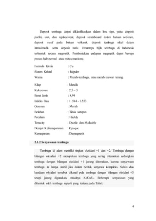 4
Deposit tembaga dapat diklasifikasikan dalam lima tipe, yaitu: deposit
porfiri, urat, dan replacement, deposit stratabound dalam batuan sedimen,
deposit masif pada batuan volkanik, deposit tembaga nikel dalam
intrusi/mafik, serta deposit nativ. Umumnya bijih tembaga di Indonesia
terbentuk secara magmatik. Pembentukan endapan magmatik dapat berupa
proses hidrotermal atau metasomatisme.
Formula Kimia : Cu
Sistem Kristal : Reguler
Warna : Merah-tembaga, atau merah-mawar terang.
Kilap : Metalik
Kekerasan : 2,5 – 3
Berat Jenis : 8,94
Indeks Bias : 1. 544 - 1.553
Goresan : Merah
Belahan : Tidak satupun
Pecahan : Hackly
Tenacity : Ductile dan Malleable
Derajat Ketransparanan : Opaque
Kemagnetan : Diamagnetit
2.1.2 Senyawaan tembaga
Tembaga di alam memiliki tingkat oksidasi +1 dan +2. Tembaga dengan
bilangan oksidasi +2 merupakan tembaga yang sering ditemukan sedangkan
tembaga dengan bilangan oksidasi +1 jarang ditemukan, karena senyawaan
tembaga ini hanya stabil jika dalam bentuk senyawa kompleks. Selain dua
keadaan oksidasi tersebut dikenal pula tembaga dengan bilangan oksidasi +3
tetapi jarang digunakan, misalnya K3CuF6. Beberapa senyawaan yang
dibentuk oleh tembaga seperti yang tertera pada Tabel.
 