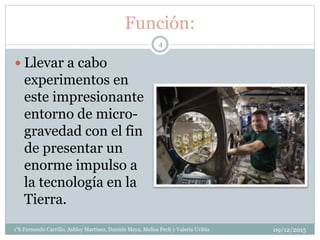 Función:
 Llevar a cabo
experimentos en
este impresionante
entorno de micro-
gravedad con el fin
de presentar un
enorme impulso a
la tecnología en la
Tierra.
09/12/20151°k Fernando Carrillo, Ashley Martinez, Daniela Maya, Melisa Pech y Valeria Uribia
4
 