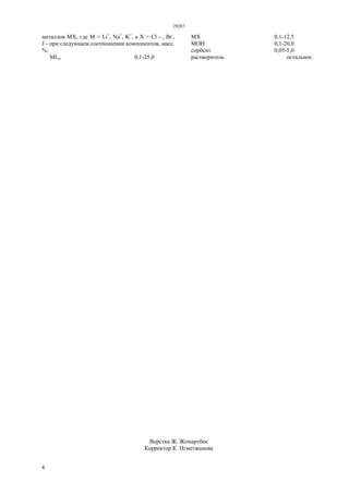 29287
4
металлов MX, где М = Li+
, Na+
, K+
, а X = Сl - , Br-
,
J - при следующем соотношении компонентов, масс.
%:
MLn 0,1-25,0
MX 0,1-12,5
МОН 0,1-20,0
сорбент 0,05-5,0
растворитель остальное.
Верстка Ж. Жомартбек
Корректор К. Нгметжанова
 