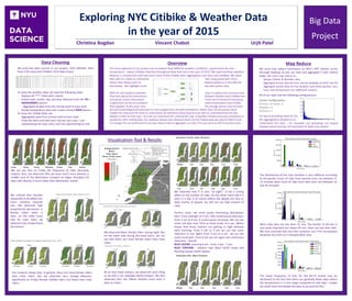 Exploring	NYC	Citibike &	Weather	Data	
in	the	year	of	2015
Christina	Bogdan Vincent	Chabot Urjit Patel
Big	Data
Project
The lower frequency of trips for the 60-75 bucket may be
attributed to the fact that there are generally fewer days where
the temperature is in this range compared to cold days - maybe
we could have normalized the data to account for this.
Most rides here are less than 15 min. The bucket 15-30 min is
also quite important but above 45 min, there are very few rides.
We may conclude that very few customer use it for recreational
purposes but more as a transportation way.
The distribution of the trips duration is very different according
to the gender (most of rides from women users are between 0-
15 minutes when most of rides from men users are between 15
and 30 minutes)
Data	Cleaning
We used two data sources in our project: 2015 Weather Data
from (13k rows) and Citibike’s 2015 data (rows)
To	clean	the	weather	data,	we	took	the	following	steps:
- Replace	all	‘***’	fields	with	a	blank
- Extract	year,	month,	day,	and	hour	features	from	the	YR—
MODAHRMN	column
- - Aggregate	all	data	from	the	minute	level	to	hour	level
- Bucket	temperature	data	and	create	a	binary	RAIN feature
To	clean	the	Citibike data,	we:
- Aggregated	data	from	minute	level	to	hour	level
- Pivot	the	data	such	that	each	trip	has	two	rows	– one	
representing	the	trip’s	start,	and	one	representing	its	end
Map	Reduce
We used map reduce techniques on NYU’s HPC Dumbo server
(through Hadoop) to join our data and aggregate it over several
views. We used map reduce to:
- Merge Citibike & Weather data
- Aggregate joined data by hour and by weekday to feed into D3
- Aggregate joined data by trip duration and either gender, rain,
hour, and temperature for additional analysis
All of our tasks had the following configurations:
Cluster Configuration:
Number of nodes: 6
Mappers: 4
Reducers: 1
On top of providing input for D3,
the aggregations allowed us to
Understand the data – for example, our groupings are largely
skewed toward having <10 trips/level of detail (see above)
Visualization	Tool	&	Results
We can see that on Friday the frequency of rides decreases
majorly. Also, we observed that we have much more density in
middle area of the Manhattan compare to edges. Brooklyn Citi
bike rides density is much lower than Manhattan overall
We noticed that females
(especially in Brooklyn) are
more sensitive towards
rain. We observed high
proportional decrement in
female riders when it
rains, on the other hand
side for male riders we
observed less proportional
decrement.
Our research shows that, In general, there are more female riders
than male riders. But we observed very strange behavior,
Specifically on Friday--female Citibike riders are fewer than male
riders
We observed that If it rains “at night”, It has a strong
affect on the number of rides. On the other hand side If it
rains in a day, It of course affects the people but due to
daily routine of people, we still can see high amount of
rides.
Further, wcan see some pretty interesting distribution
here. From midnight to 5 am, rides continuously decrease.
From 5 am to 9 am, It continuously increases. We can see
some red dots near 33rd to 42nd street at 6 am. Which
shows that these stations are getting in high demand
early morning. From 9 am to 3 pm we can see some
reduction in use. Again from 3 pm to 6 pm we can see
some increment. From 6 pm we can again see continuous
reduction. Overall,
BUSY HOURS- morning 6 am - 9 am, 5 pm - 7 pm.
BUSY STATIONS - stations near West 34/42 street and
Pershing Square North Station
We observed fewer female riders during night. But
on the other side during the busy hours, we can
see that there are more female riders than male
riders
At an hour-level analysis, we observed same thing
as we did in our weekday based analysis. We also
observed that rain affects females more than it
does to males.
Very	Low	(<30)
Moderate	Low	(30	to	45)
Medium	(45	to	60)
Moderate	High	(60	to	75)
Very	high	(>75)
Yes/No
Trip	starts/Trip	Ends
0-24
Overview
The	main	objective	of	our	project	was	to	explore	how	different	weather	conditions	- particularly	rain	and	
temperature	- impact	Citibike ridership	throughout	New	York	city	in	the	year	of	2015.	We	explored	these	weather	
features	in	conjunction	with	two	main	views	of	the	Citibike data:	aggregation	over	hour	and	weekday.	We	were	
then	able	to	create	an	interactive tool	using	javascript’s D3.js	
library	that	allows	users	to																																																																																															explore	patterns	in	the	data	for	
themselves.	We	highlight	some																																																																																							key	data	points	here.
With	D3,	we	hoped	to	empower	 users	to	explore	any	intuitions	that	
they	have	about	the	connections	 between	weather	and	Citibikerides	
and	extract	useful	information.	 There	are	hundreds	of	interesting	
insights	that	can	be	uncovered	by	 examining	weather	and	Citibike
data	together.	At	the	same	time,	 the	average	person	may	not	have	
the	technical	background	necessary	to	mine	insights	from	the	data	themselves.	Rather	than	tell	this	person	what	
insights	are	important	for	them	to	understand,	we	wanted	to	allow	anyone	to	be	able	to	understand	how	the	two	
datasets	relate	on	their	own	- this	was	our	motivation	for	creating	the	map.	A	big	data	infrastructure	was	necessarily	to	
handle	the	2015	Citibikedata.	Our	weather	dataset	was	relatively	small,	but	the	Citbike data	was	around	3GB	in	total.	
To	manage	this,	we	performed	many	map	reduce	tasks	to	aggregate	our	data.	This	was	done	on	NYU’s	Dumbo	server.
 