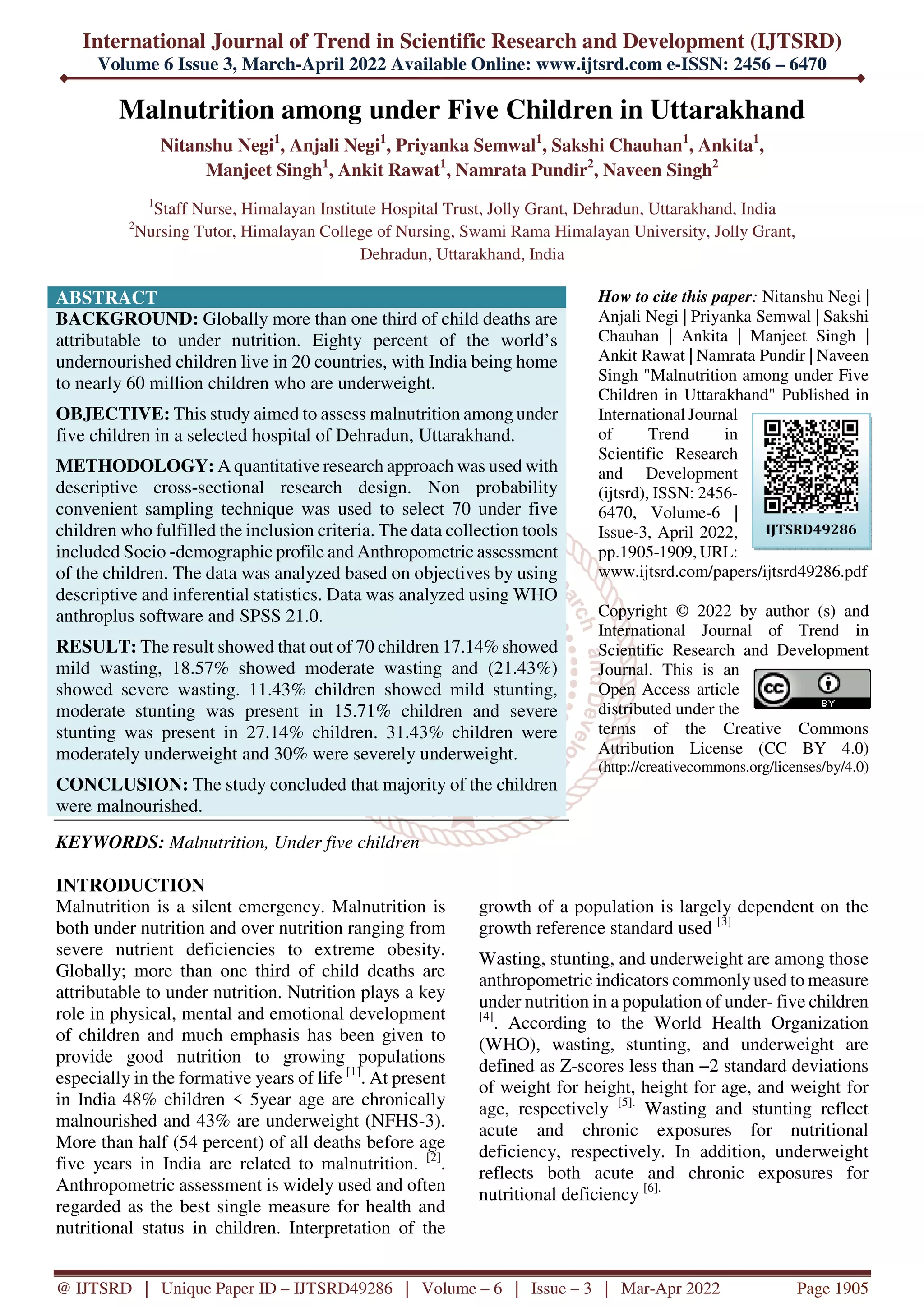 Malnutrition among under Five Children in Uttarakhand | PDF