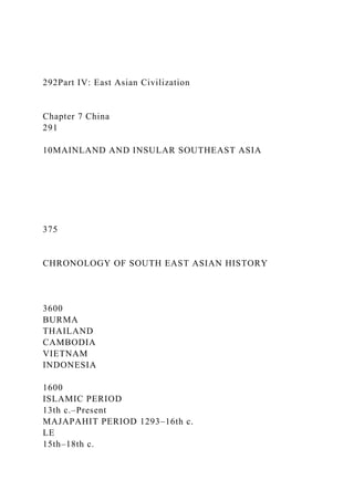 292Part IV: East Asian Civilization
Chapter 7 China
291
10MAINLAND AND INSULAR SOUTHEAST ASIA
375
CHRONOLOGY OF SOUTH EAST ASIAN HISTORY
3600
BURMA
THAILAND
CAMBODIA
VIETNAM
INDONESIA
1600
ISLAMIC PERIOD
13th c.–Present
MAJAPAHIT PERIOD 1293–16th c.
LE
15th–18th c.
 