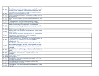 TR-053
TR-054
TR-055
TR-056
TR-057
TR-058

Describe and list the levels of permission needed for security
access. Access granted to outside vendors/agencies, field
offices, partner countries, users, approvers, administrators.
Ability to support encryption and SSL
Ability to capture audit trails of access and changes made to
the application
Ability to restrict viewing of certain data fields based on login
role
Provides security controls for data protection; meets
standards for regulatory requirements, such as HIPAA
Ability to configure account expiration information and
session timeouts after a predetermined amount of inactivity

Ability to support single sign-on
Ability to audit logs and report on user account activity, rights
TR-060
and privileges
SaaS: Describe measures taken to ensure the confidentiality
of data stored at vendor sites, including any audit
TR-061
certifications achieved by vendor.
Provide details on how tool enables confidential tickets to be
segregated (e.g., for HIPAA requirements, FERPA
TR-062
requirements, etc).
Describe how tool can be used simultaneously by IT units
with different customers, services and processes. Can they
TR-063
interact and share tickets and processes when necessary?
Describe.
Describe how the tool manages and stores authentication for
TR-064
users.
Describe your system security strategy including virus
TR-065
protection,
TR-065.1 Unauthorized access
TR-065.2 Service attacks
Describe how your recommendation operates in an N_Tier
TR-066
firewall environment?
Describe the communication ports and protocols your
TR-067
recommendation requires?
Describe how your recommendation provides security event
TR-068
logging?
TR-059

 
