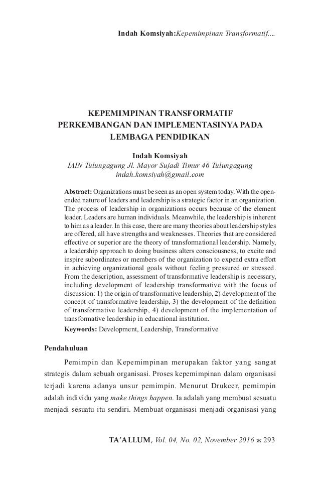 Kepemimpinan Transformatif Perkembangan Dan Implementasinya Pada Lemb