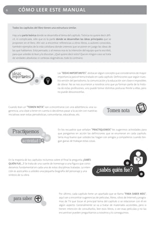 6           cómo leer este manual

       Todos los capítulos del libro tienen una estructura similar.

       Hay una parte teórica donde se desarrolla el tema del capítulo. Teórica no quiere decir difí-
       cil, ni complicada, sólo que es la parte donde se desarrollan las ideas principales que se
       proponen en el libro. Ahí van a encontrar referencias a otros libros, a autores conocidos,
       también ejemplos de la vida cotidiana donde creemos que se ponen en juego las ideas de
       las que hablamos. Está pensado, o al menos esa es la intención del equipo que lo escribió,
       para que ustedes lo lean y lo discutan. ¿Qué quiere decir esto? Que en ningún caso se trata
       de verdades absolutas ni certezas dogmáticas, todo lo contrario.




                                                 Las "IDEAS IMPORTANTES", destacan algún concepto que consideramos de mayor
                                                 importancia para el tema tratado en cada capítulo. Definiciones que según nues-
                                                 tra versión del periodismo, la comunicación y la educación son clave e imposibles
                                                 de obviar. No se nos ocurrieron a nosotros sino que ya forman parte de la histo-
                                                 ria de estas profesiones, uno puede tomar distintas posturas frente a ellas, pero
                                                 no puede desconocerlas.




    Cuando lean un "TOMEN NOTA" van a encontrarse con una advertencia, una su-
    gerencia, una clave a tener en cuenta si decidimos pasar a la acción con nuestras           Tomen nota
    iniciativas sean estas periodísticas, comunitarias, educativas, etc.




                                                 En los recuadros que señalan "PRACTIQUEMOS" les sugerimos actividades para
       Practiquemos                              que pongamos en acción las definiciones que se enumeran en cada capítulo.
                                                 Sería muy bueno que ustedes las hagan con amigos y compañeros cuando ten-
                actividad 1                      gan ganas de trabajar estas cosas.




    En la mayoría de los capítulos incluimos sobre el final la pregunta ¿SABÉS
    QUIÉN FUE….? Se trata de una suerte de homenaje a una figura que consi-
    deramos fundamental en cada una de estas disciplinas tratadas. La inten-
    ción es acercarles a ustedes una pequeña biografía del personaje y una            ¿sabés quién fue?
    síntesis de su obra.




                                                  Por último, cada capítulo tiene un apartado que se llama "PARA SABER MÁS",
                                                  aquí van a encontrar sugerencias de películas, libros, sitios de Internet y progra-
        para saber                                mas de TV que tocan el principal tema del capítulo o se relacionan con él en
                                                  algún aspecto. Generalmente se va a tratar de materiales accesibles, pero si
                                                  tienen intención de consultarlos, leer esos libros, o ver esas películas y no las
                                                  encuentran pueden preguntarnos a nosotros y lo conseguimos.
 