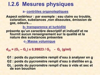 I.2.6 Mesures physiques
a- contrôles organoleptiques
Aspect extérieur : par exemple : eau claire ou trouble,
coloration, substances ,non dissoutes, émission de
gaz, odeurs…
b- transparence et turbidité
présente qu’un caractère descriptif et indicatif et ne
fournit aucun renseignement sur la qualité et la
nature des substances présentes
c- Masse volumique
d20 = (G1 – GL) x 0,99823 / G2 - GL (g/ml)
G1 : poids du pycromètre rempli d’eau à analyser en g
G2 : poids du pycromètre rempli d’eau à distillée en g.
GL : poids du pycromètre rempli d’eau à vide et sec et
de son bouchon
 