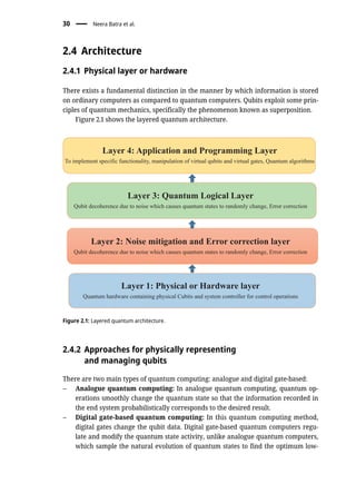 2.4 Architecture
2.4.1 Physical layer or hardware
There exists a fundamental distinction in the manner by which information is stored
on ordinary computers as compared to quantum computers. Qubits exploit some prin-
ciples of quantum mechanics, specifically the phenomenon known as superposition.
Figure 2.1 shows the layered quantum architecture.
2.4.2 Approaches for physically representing
and managing qubits
There are two main types of quantum computing: analogue and digital gate-based:
– Analogue quantum computing: In analogue quantum computing, quantum op-
erations smoothly change the quantum state so that the information recorded in
the end system probabilistically corresponds to the desired result.
– Digital gate-based quantum computing: In this quantum computing method,
digital gates change the qubit data. Digital gate-based quantum computers regu-
late and modify the quantum state activity, unlike analogue quantum computers,
which sample the natural evolution of quantum states to find the optimum low-
Layer 4: Application and Programming Layer
To implement specific functionality, manipulation of virtual qubits and virtual gates, Quantum algorithms
Layer 3: Quantum Logical Layer
Qubit decoherence due to noise which causes quantum states to randomly change, Error correction
Layer 2: Noise mitigation and Error correction layer
Qubit decoherence due to noise which causes quantum states to randomly change, Error correction
Layer 1: Physical or Hardware layer
Quantum hardware containing physical Cubits and system controller for control operations
Figure 2.1: Layered quantum architecture.
30 Neera Batra et al.
 