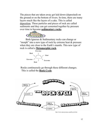 The pieces that are taken away get laid down (deposited) on
the ground or on the bottom of rivers. In time, there are many
layers much like the layers of a cake. This is called
deposition. These particles and pieces of rock are called
sediments and they can get cemented together by pressure
over time to become sedimentary rocks.

Both Igneous & Sedimentary rocks can change or
“morph” into a new type of rock by extreme heat & pressure
when they are close to the Earth’s mantle. This new type of
rock is called a Metamorphic rock.

Rocks continuously go through these different changes.
This is called the Rock Cycle.

http://www.naturescience.org/Rxcycle.htm

12

 
