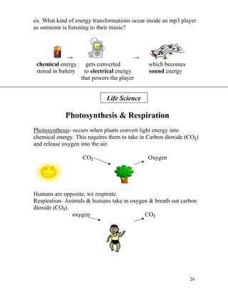 ex. What kind of energy transformations occur inside an mp3 player
as someone is listening to their music?

→
chemical energy
stored in battery

→
gets converted
to electrical energy
that powers the player

which becomes
sound energy

Life Science

Photosynthesis & Respiration
Photosynthesis- occurs when plants convert light energy into
chemical energy. This requires them to take in Carbon dioxide (CO2)
and release oxygen into the air.
CO2

Oxygen

Humans are opposite, we respirate.
Respiration- Animals & humans take in oxygen & breath out carbon
dioxide (CO2).
oxygen
CO2

20

 
