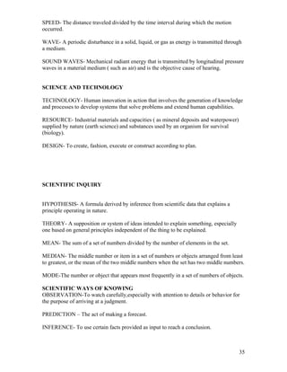 SPEED- The distance traveled divided by the time interval during which the motion
occurred.
WAVE- A periodic disturbance in a solid, liquid, or gas as energy is transmitted through
a medium.
SOUND WAVES- Mechanical radiant energy that is transmitted by longitudinal pressure
waves in a material medium ( such as air) and is the objective cause of hearing.
SCIENCE AND TECHNOLOGY
TECHNOLOGY- Human innovation in action that involves the generation of knowledge
and processes to develop systems that solve problems and extend human capabilities.
RESOURCE- Industrial materials and capacities ( as mineral deposits and waterpower)
supplied by nature (earth science) and substances used by an organism for survival
(biology).
DESIGN- To create, fashion, execute or construct according to plan.

SCIENTIFIC INQUIRY
HYPOTHESIS- A formula derived by inference from scientific data that explains a
principle operating in nature.
THEORY- A supposition or system of ideas intended to explain something, especially
one based on general principles independent of the thing to be explained.
MEAN- The sum of a set of numbers divided by the number of elements in the set.
MEDIAN- The middle number or item in a set of numbers or objects arranged from least
to greatest, or the mean of the two middle numbers when the set has two middle numbers.
MODE-The number or object that appears most frequently in a set of numbers of objects.
SCIENTIFIC WAYS OF KNOWING
OBSERVATION-To watch carefully,especially with attention to details or behavior for
the purpose of arriving at a judgment.
PREDICTION – The act of making a forecast.
INFERENCE- To use certain facts provided as input to reach a conclusion.

35

 