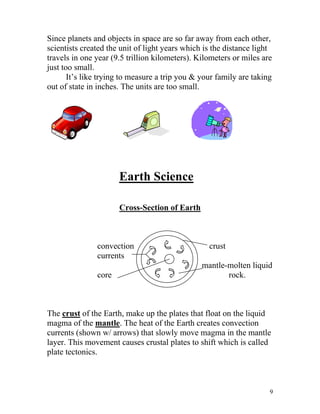 Since planets and objects in space are so far away from each other,
scientists created the unit of light years which is the distance light
travels in one year (9.5 trillion kilometers). Kilometers or miles are
just too small.
It’s like trying to measure a trip you & your family are taking
out of state in inches. The units are too small.

Earth Science
Cross-Section of Earth

convection
currents
core

crust
mantle-molten liquid
rock.

The crust of the Earth, make up the plates that float on the liquid
magma of the mantle. The heat of the Earth creates convection
currents (shown w/ arrows) that slowly move magma in the mantle
layer. This movement causes crustal plates to shift which is called
plate tectonics.

9

 
