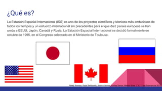 ¿Qué es?
La Estación Espacial Internacional (ISS) es uno de los proyectos científicos y técnicos más ambiciosos de
todos los tiempos y un esfuerzo internacional sin precedentes para el que diez países europeos se han
unido a EEUU, Japón, Canadá y Rusia. La Estación Espacial Internacional se decidió formalmente en
octubre de 1995, en el Congreso celebrado en el Ministerio de Toulouse.
Nataly Arenaza, Keyla Maldonado, Jessica Herrera, Andrea Santos, Melissa Sosa. 1° K. 13 de Diciembre de 2015.
 