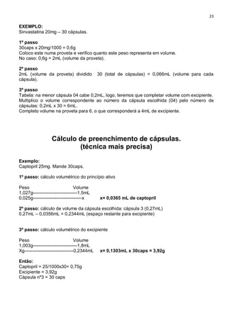 23
EXEMPLO:
Sinvastatina 20mg – 30 cápsulas.
1º passo
30caps x 20mg/1000 = 0,6g
Coloco este numa proveta e verifico quanto este peso representa em volume.
No caso: 0,6g = 2mL (volume da proveta).
2º passo
2mL (volume da proveta) dividido 30 (total de cápsulas) = 0,066mL (volume para cada
cápsula).
3º passo
Tabela: na menor cápsula 04 cabe 0,2mL, logo, teremos que completar volume com excipiente.
Multiplico o volume correspondente ao número da cápsula escolhida (04) pelo número de
cápsulas: 0,2mL x 30 = 6mL.
Completo volume na proveta para 6, o que corresponderá a 4mL de excipiente.
Cálculo de preenchimento de cápsulas.
(técnica mais precisa)
Exemplo:
Captopril 25mg. Mande 30caps.
1º passo: cálculo volumétrico do princípio ativo
Peso Volume
1,027g-----------------------------1,5mL
0,025g--------------------------------x x= 0,0365 mL de captopril
2º passo: cálculo de volume da cápsula escolhida: cápsula 3 (0,27mL)
0,27mL – 0,0356mL = 0,2344mL (espaço restante para excipiente)
3º passo: cálculo volumétrico do excipiente
Peso Volume
1,003g-----------------------------1,8mL
Xg--------------------------------0,2344mL x= 0,1303mL x 30caps = 3,92g
Então:
Captopril = 25/1000x30= 0,75g
Excipiente = 3,92g
Cápsula nº3 = 30 caps
 