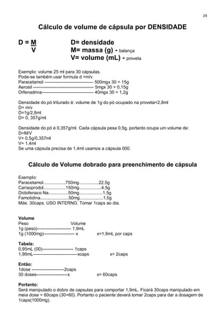24
Cálculo de volume de cápsula por DENSIDADE
D = M D= densidade
V M= massa (g) - balança
V= volume (mL) - proveta
Exemplo: volume 25 ml para 30 cápsulas.
Pode-se também usar formula d =m/v
Paracetamol --------------------------------- 500mgx 30 = 15g
Aerosil ----------------------------------------- 5mgx 30 = 0,15g
Orfenadrina----------------------------------- 40mgx 30 = 1,2g
Densidade do pó triturado é: volume de 1g do pó ocupado na proveta=2,8ml
D= m/v
D=1g/2,8ml
D= 0, 357g/ml
Densidade do pó é 0,357g/ml. Cada cápsula pesa 0,5g, portanto ocupa um volume de:
D=M/V
V= 0,5g/0,357ml
V= 1,4ml
Se uma cápsula precisa de 1,4ml usamos a cápsula 000.
Cálculo de Volume dobrado para preenchimento de cápsula
Exemplo:
Paracetamol..................750mg................22,5g
Carisoprodol..................150mg..................4,5g
Diclofenaco Na................50mg...................1,5g
Famotidina.......................50mg...................1,5g
Mde. 30caps. USO INTERNO. Tomar 1caps ao dia.
Volume
Peso Volume
1g (peso)----------------------- 1,9mL
1g (1000mg)--------------------- x x=1,9mL por caps
Tabela:
0,95mL (00)--------------------- 1caps
1,90mL------------------------------xcaps x= 2caps
Então:
1dose ----------------------2caps
30 doses---------------------x x= 60caps
Portanto:
Será manipulado o dobro de capsulas para comportar 1,9mL. Ficará 30caps manipulado em
meia dose = 60caps (30=60). Portanto o paciente deverá tomar 2caps para dar a dosagem de
1caps(1000mg).
 