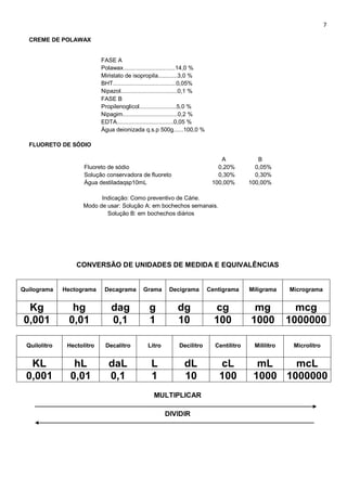 7
CREME DE POLAWAX
FASE A
Polawax................................14,0 %
Miristato de isopropila............3,0 %
BHT.......................................0,05%
Nipazol...................................0,1 %
FASE B
Propilenoglicol.......................5,0 %
Nipagim..................................0,2 %
EDTA...................................0,05 %
Água deionizada q.s.p 500g......100,0 %
FLUORETO DE SÓDIO
A B
Fluoreto de sódio 0,20% 0,05%
Solução conservadora de fluoreto 0,30% 0,30%
Água destiladaqsp10mL 100,00% 100,00%
Indicação: Como preventivo de Cárie.
Modo de usar: Solução A: em bochechos semanais.
Solução B: em bochechos diários
CONVERSÃO DE UNIDADES DE MEDIDA E EQUIVALÊNCIAS
Quilograma Hectograma Decagrama Grama Decigrama Centigrama Miligrama Micrograma
Kg hg dag g dg cg mg mcg
0,001 0,01 0,1 1 10 100 1000 1000000
Quilolitro Hectolitro Decalitro Litro Decilitro Centilitro Mililitro Microlitro
KL hL daL L dL cL mL mcL
0,001 0,01 0,1 1 10 100 1000 1000000
MULTIPLICAR
DIVIDIR
 