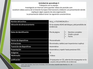 Actividad de aprendizaje 3
Trabajarás con tu equipo.
Investigarán en Internet cómo guardar videos de youtube.com
Localicen videos acerca de la Estación Europea Internacional y elaboren una presentación donde
expliquen algún aspecto de esta organización.
La presentación deberá tener las siguientes características:
Nombre del archivo Act3_<<TUS INICIALES>>
Ubicación de almacenamiento En la carpeta ADAS del bloque 3 del portafolio de
evidencias
Datos de identificación Pie de página • Nombre completo
• Grado y grupo
• Fecha
Patrón de diapositivas Personalizado
Animaciones De entrada y salida (usar trayectorias si aplica)
Transición de diapositivas Automática
Presentación Automática y repetir hasta presionar ESC.
Imágenes Sí
Multimedia Videos
publicación Empaquetar en CD, además de empaquetar en la
carpeta del portafolio de evidencias
Lizeth Trejo González, Sinaí Canto Hernández, Erick Euan Loeza, Leopoldo López Ramírez. 1 k . 10-
diciembbre-2015
 