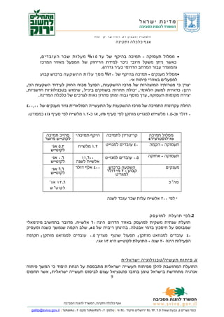 ‫אשכול תכנון ופיתוח בר קיימא‬
                                                       ‫אגף כלכלה ותקינה‬


        ‫• מסלול תעסוקה - תמיכה בהיקף של עד ٥١ % מעלות שכר העובדים,‬
        ‫כאשר ניתן משקל חיובי ניכר למידת הריחוק של המפעל מאזור המרכז‬
                                  ‫)המוגדר עבור המרחב הדרומי כעיר גדרה(.‬
       ‫•מסלול מענקים - תמיכה בהיקף של ٠٢% מסך עלות ההשקעה ברכוש קבוע‬
                                                   ‫למפעלים באזורי פיתוח א'.‬
‫יצוין כי מטרותיו המוצהרות של מרכז ההשקעות , הפועל מכוח החוק לעידוד השקעות הון,‬
‫הינן : כדאיות למשק הלאומי , יכולת תחרות בשווקים בינ"ל , שימוש בטכנולוגיות חדשניות,‬
      ‫יצירת מקומות תעסוקה, ערך מוסף גבוה ומתן פתרון נאות לצרכים של כלכלת המדינה.‬

‫החלת עקרונות התמיכה של מרכז ההשקעות על התעשייה הסולארית גוזר מענקים של ٠٠,٠٠٤‬
‫٠ דולר )כ-٥.١ מלש"ח( למגו"ט מותקן לפי סעיף )٢(, או כ-٢.١ מלש"ח לפי סעיף )١( כמפורט:‬



            ‫סה" כ תמיכה‬         ‫היקף תמיכה *‬         ‫קריטריון לתמיכה‬               ‫מסלול תמיכה‬
           ‫לקוט" ש מיוצר‬                                                           ‫)אילוסטרציה(‬
               ‫٣.٥ אג'‬            ‫٢.١ מלש" ח‬         ‫٠٤ עובדים למגו" ט‬             ‫תעסוקה - הקמה‬
               ‫לקוט" ש‬
               ‫٦.٠ אג'‬             ‫٠٠٦,١١‬            ‫٥.٠ עובדים למגו" ט‬           ‫תעסוקה - אחזקה‬
               ‫לקוט" ש‬          ‫אלש" ח לשנה‬
               ‫٦.٦ אג'‬          ‫٠٠٤ אלף דולר‬           ‫השקעה ברכוש‬                             ‫מענקים‬
               ‫לקוט" ש‬                                ‫קבוע – ٢ מ' דולר‬
                                                          ‫למגו" ט‬
              ‫٦. ٢ ١ א ג '‬                                                                       ‫ס ה" כ‬
               ‫ל ק ו ט" ש‬

                                                      ‫* לפי ٠٠٢ אלש"ח עלות שכר עובד לשנה‬


                                                          ‫2. לפי תועלת למועסק‬
‫תועלת שנתית משקית למועסק באזור הדרום הינה ٠٦ אלש"ח . מדובר בתחשיב מינימאלי‬
‫שמבוסס על חיסכון בדמי אבטלה . בהינתן ריבית של ٥ %, שלב הקמה שנמשך כשנה ומעסיק‬
‫٠٤ עובדים למגוואט מותקן ; תפעול שוטף מצריך ٥.٠ עובדים למגוואט מותקן ; תקופת‬
                                 ‫הפעילות הינה ٠٢ שנה - התועלת לקוט"ש היא ٣١ אג'.‬



                                            ‫٧. פיתוח תעשיה/ טכנולוגיה ישראלית‬
‫התועלת המחושבת להלן מפיתוח תעשייה ישראלית מתבססת על הנחת היסוד כי המשך פיתוח‬
‫אנרגיה מתחדשת בישראל טומן בחובו פוטנציאל עצום לביסוס תעשייה ישראלית , אשר תתפוס‬
                                                         ‫9‬




                        ‫אגף כלכלה ותקינה, המשרד להגנת הסביבה‬

  ‫כנפי נשרים ٥, גבעת שאול ת.ד. ٣٣٠٤٣ ירושלים מיקוד ٠٤٣١٩ | טלפון: ٢٠-٦/٥٣٨٥٩٤٦ פקס: ٢٠-٤٩٨٥٩٤٦ | ‪galitp@sviva.gov.il‬‬
 