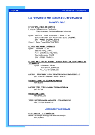 Page 14 Les métiers de l’informatique
LES FORMATIONS AUX MÉTIERS DE L’INFORMATIQUE
FORMATION BAC+2
BTS INFORMATIQUE DE GESTION
2 options : 1) Développeur d’application
2) Administrateur de réseaux locaux d’entreprise
Lycées : Paul Louis Courier, Notre dame La Riche, TOURS.
Benjamin Franklin, Saint Paul Bourdon Blanc, ORLEANS.
CFA = AFTEC ORLEANS, BLOIS.
Option 2 : Blaise Pascal, CHATEAUROUX.
BTS SYSTEMES ELECTRONIQUES
Lycées : Grandmont, TOURS.
Edouard Branly, DREUX.
Pierre Emile Martin, BOURGES.
Maurice Genevoix, INGRÉ.
CFA = AFTEC ORLEANS.
BTS INFORMATIQUE ET RESEAUX POUR L’INDUSTRIE ET LES SERVICES
TECHNIQUES
Lycées : Grandmont, TOURS.
Henri Brisson, BOURGES.
CFA = AFTEC ORLEANS.
DUT GEII : GENIE ELECTRIQUE ET INFORMATIQUE INDUSTRIELLE
IUT : TOURS, CHARTRES, CHATEAUROUX.
DUT RESEAUX ET TELECOMMUNICATIONS
IUT : BLOIS.
DUT SERVICES ET RESEAUX DE COMMUNICATION
IUT : BLOIS.
DUT INFORMATIQUE
IUT : ORLEANS.
TITRE PROFESSIONNEL ANALYSTE – PROGRAMMEUR
CFA CCI CHATEAUROUX.
LICENCES PROFESSIONNELLES
ELECTRICITE ET ELECTRONIQUE
Option Electronique analogique et microélectronique.
IUT : TOURS.
 