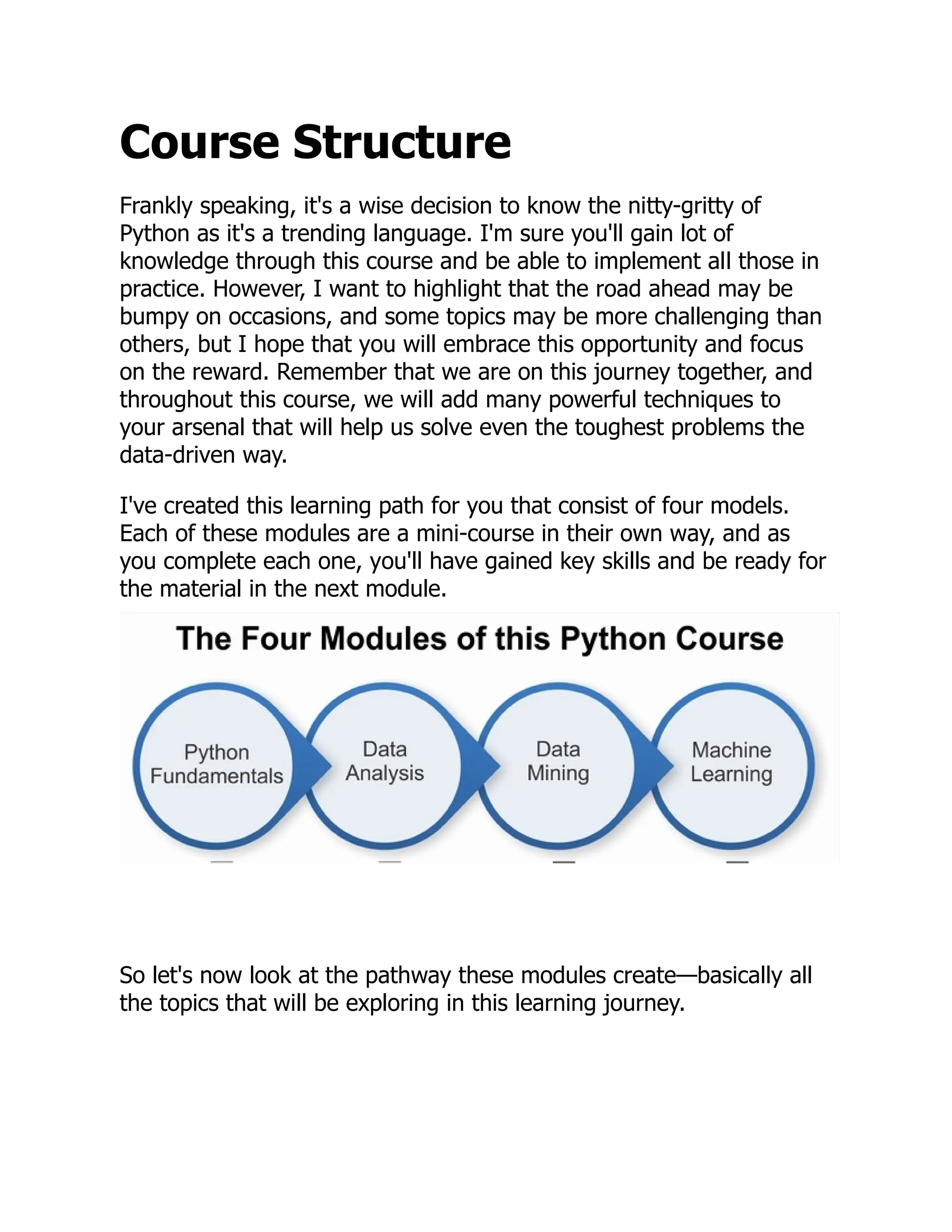 Course Structure
Frankly speaking, it's a wise decision to know the nitty-gritty of
Python as it's a trending language. I'm sure you'll gain lot of
knowledge through this course and be able to implement all those in
practice. However, I want to highlight that the road ahead may be
bumpy on occasions, and some topics may be more challenging than
others, but I hope that you will embrace this opportunity and focus
on the reward. Remember that we are on this journey together, and
throughout this course, we will add many powerful techniques to
your arsenal that will help us solve even the toughest problems the
data-driven way.
I've created this learning path for you that consist of four models.
Each of these modules are a mini-course in their own way, and as
you complete each one, you'll have gained key skills and be ready for
the material in the next module.
So let's now look at the pathway these modules create—basically all
the topics that will be exploring in this learning journey.
 