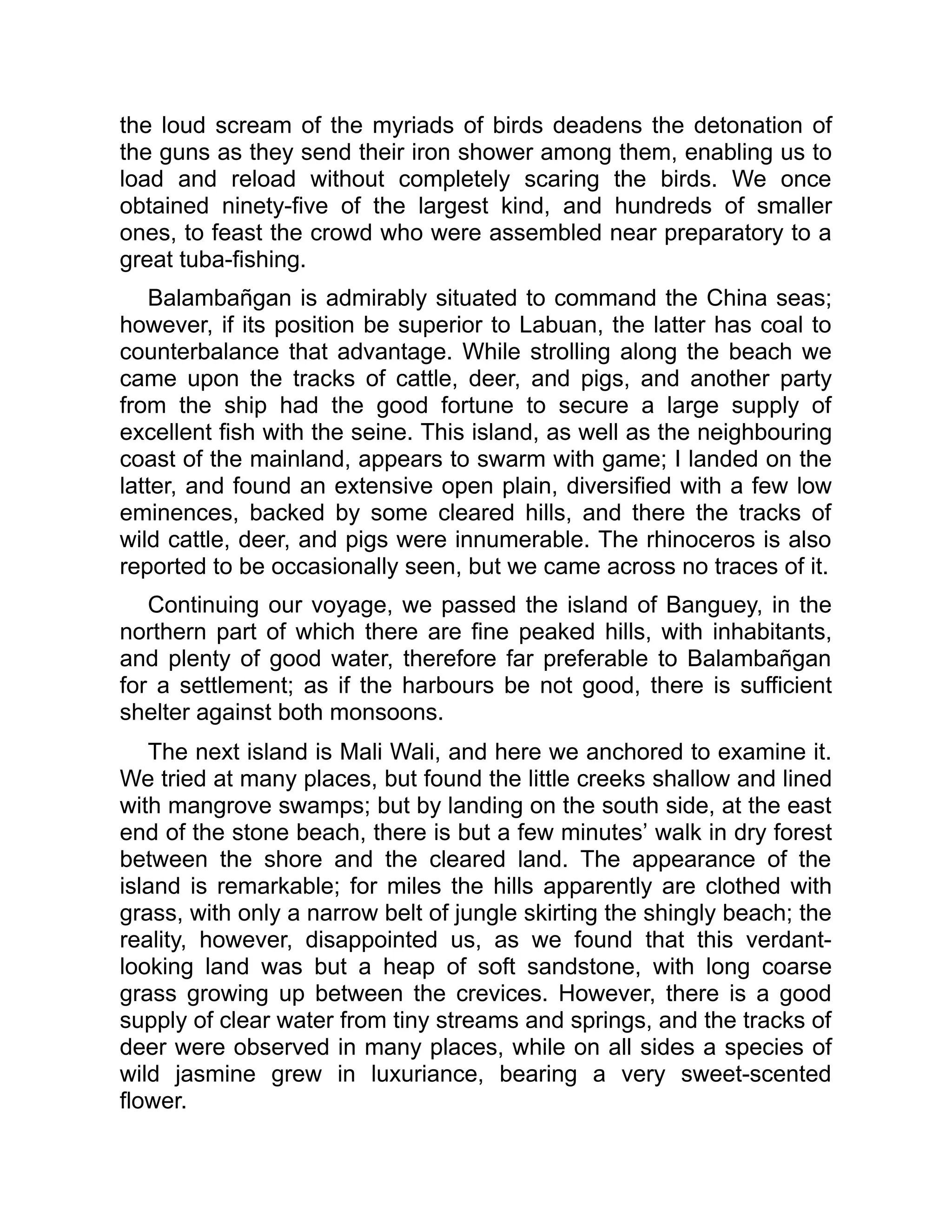 the loud scream of the myriads of birds deadens the detonation of
the guns as they send their iron shower among them, enabling us to
load and reload without completely scaring the birds. We once
obtained ninety-five of the largest kind, and hundreds of smaller
ones, to feast the crowd who were assembled near preparatory to a
great tuba-fishing.
Balambañgan is admirably situated to command the China seas;
however, if its position be superior to Labuan, the latter has coal to
counterbalance that advantage. While strolling along the beach we
came upon the tracks of cattle, deer, and pigs, and another party
from the ship had the good fortune to secure a large supply of
excellent fish with the seine. This island, as well as the neighbouring
coast of the mainland, appears to swarm with game; I landed on the
latter, and found an extensive open plain, diversified with a few low
eminences, backed by some cleared hills, and there the tracks of
wild cattle, deer, and pigs were innumerable. The rhinoceros is also
reported to be occasionally seen, but we came across no traces of it.
Continuing our voyage, we passed the island of Banguey, in the
northern part of which there are fine peaked hills, with inhabitants,
and plenty of good water, therefore far preferable to Balambañgan
for a settlement; as if the harbours be not good, there is sufficient
shelter against both monsoons.
The next island is Mali Wali, and here we anchored to examine it.
We tried at many places, but found the little creeks shallow and lined
with mangrove swamps; but by landing on the south side, at the east
end of the stone beach, there is but a few minutes’ walk in dry forest
between the shore and the cleared land. The appearance of the
island is remarkable; for miles the hills apparently are clothed with
grass, with only a narrow belt of jungle skirting the shingly beach; the
reality, however, disappointed us, as we found that this verdant-
looking land was but a heap of soft sandstone, with long coarse
grass growing up between the crevices. However, there is a good
supply of clear water from tiny streams and springs, and the tracks of
deer were observed in many places, while on all sides a species of
wild jasmine grew in luxuriance, bearing a very sweet-scented
flower.
 