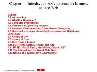 Chapter 1 – Introduction to Computers, the Internet, and the Web Outline 1.1 Introduction 1.2 What Is a Computer? 1.3 Computer Organization 1.4 Evolution of Operating Systems 1.5 Personal, Distributed and Client/Server Computing 1.6 Machine Languages, Assembly Languages and High-Level Languages 1.7 History of C++ 1.8 History of Java 1.9 Java Class Libraries 1.10 FORTRAN, COBOL, Pascal and Ada  1.11 BASIC, Visual Basic, Visual C++, C# and .NET  1.12 The Internet and the World Wide Web 1.13 Basics of a Typical Java Environment 