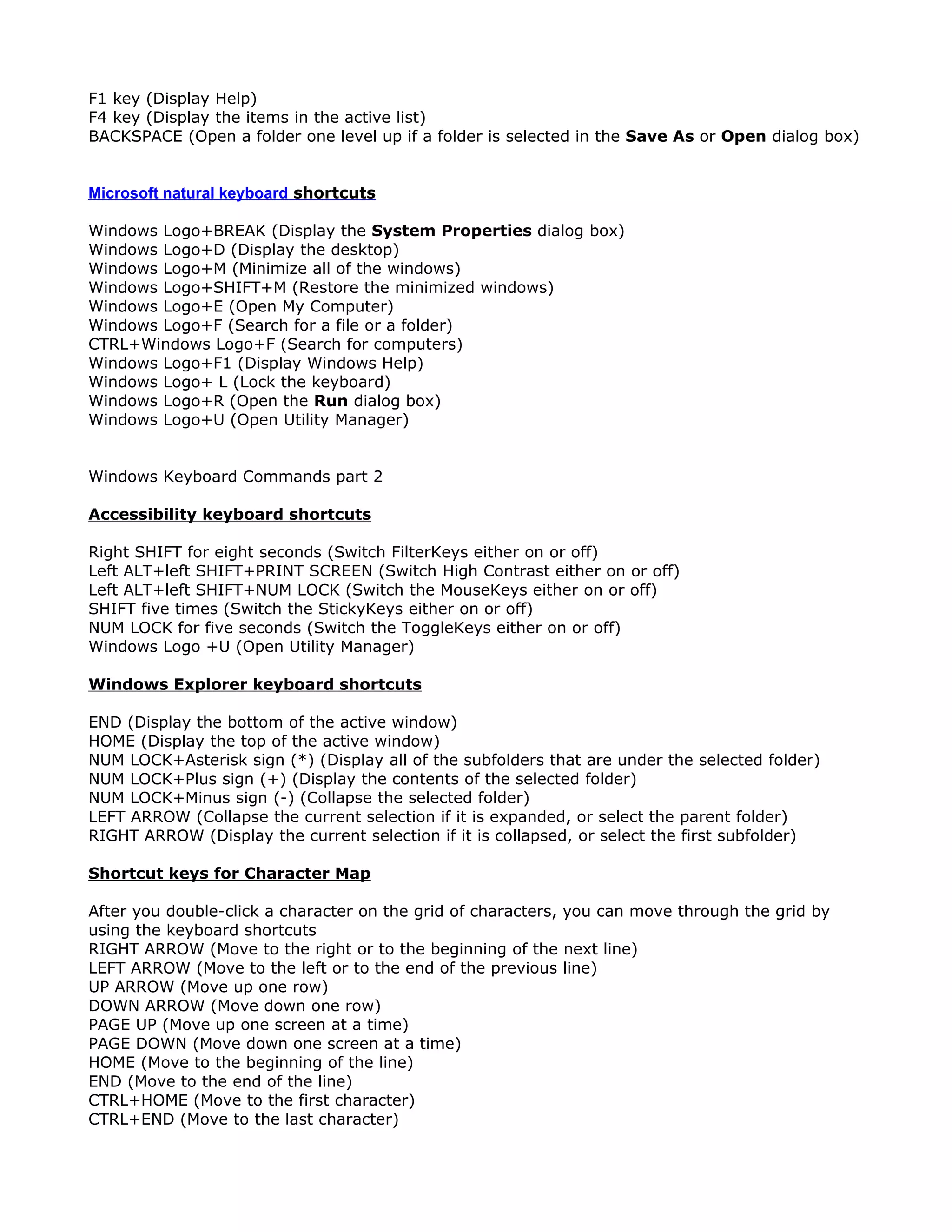 F1 key (Display Help)
F4 key (Display the items in the active list)
BACKSPACE (Open a folder one level up if a folder is selected in the Save As or Open dialog box)


Microsoft natural keyboard shortcuts

Windows Logo+BREAK (Display the System Properties dialog box)
Windows Logo+D (Display the desktop)
Windows Logo+M (Minimize all of the windows)
Windows Logo+SHIFT+M (Restore the minimized windows)
Windows Logo+E (Open My Computer)
Windows Logo+F (Search for a file or a folder)
CTRL+Windows Logo+F (Search for computers)
Windows Logo+F1 (Display Windows Help)
Windows Logo+ L (Lock the keyboard)
Windows Logo+R (Open the Run dialog box)
Windows Logo+U (Open Utility Manager)


Windows Keyboard Commands part 2

Accessibility keyboard shortcuts

Right SHIFT for eight seconds (Switch FilterKeys either on or off)
Left ALT+left SHIFT+PRINT SCREEN (Switch High Contrast either on or off)
Left ALT+left SHIFT+NUM LOCK (Switch the MouseKeys either on or off)
SHIFT five times (Switch the StickyKeys either on or off)
NUM LOCK for five seconds (Switch the ToggleKeys either on or off)
Windows Logo +U (Open Utility Manager)

Windows Explorer keyboard shortcuts

END (Display the bottom of the active window)
HOME (Display the top of the active window)
NUM LOCK+Asterisk sign (*) (Display all of the subfolders that are under the selected folder)
NUM LOCK+Plus sign (+) (Display the contents of the selected folder)
NUM LOCK+Minus sign (-) (Collapse the selected folder)
LEFT ARROW (Collapse the current selection if it is expanded, or select the parent folder)
RIGHT ARROW (Display the current selection if it is collapsed, or select the first subfolder)

Shortcut keys for Character Map

After you double-click a character on the grid of characters, you can move through the grid by
using the keyboard shortcuts
RIGHT ARROW (Move to the right or to the beginning of the next line)
LEFT ARROW (Move to the left or to the end of the previous line)
UP ARROW (Move up one row)
DOWN ARROW (Move down one row)
PAGE UP (Move up one screen at a time)
PAGE DOWN (Move down one screen at a time)
HOME (Move to the beginning of the line)
END (Move to the end of the line)
CTRL+HOME (Move to the first character)
CTRL+END (Move to the last character)
 