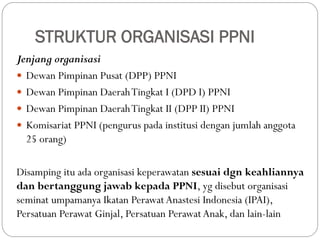 STRUKTUR ORGANISASI PPNI
Jenjang organisasi
 Dewan Pimpinan Pusat (DPP) PPNI
 Dewan Pimpinan DaerahTingkat I (DPD I) PPNI
 Dewan Pimpinan DaerahTingkat II (DPP II) PPNI
 Komisariat PPNI (pengurus pada institusi dengan jumlah anggota
25 orang)
Disamping itu ada organisasi keperawatan sesuai dgn keahliannya
dan bertanggung jawab kepada PPNI, yg disebut organisasi
seminat umpamanya Ikatan PerawatAnastesi Indonesia (IPAI),
Persatuan Perawat Ginjal, Persatuan Perawat Anak, dan lain-lain
 