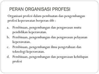 PERAN ORGANISASI PROFESI
Organisasi profesi dalam pembuatan dan pengembangan
profesi keperawatan berperan sbb :
a. Pembinaan, pengembangan dan pengawasan mutu
pendidikan keperawatan.
b. Pembinaan, pengembangan dan pengawasan pelayanan
keperawatan.
c. Pembinaan, pengembangan ilmu pengetahuan dan
teknologi keperawatan.
d. Pembinaan, pengembangan dan pengawasan kehidupan
profesi
 