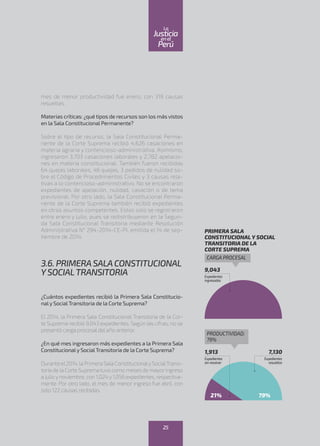 mes de menor productividad fue enero, con 319 causas
resueltas.
Materias críticas: ¿qué tipos de recursos son los más vistos
en la Sala Constitucional Permanente?
Sobre el tipo de recurso, la Sala Constitucional Perma-
nente de la Corte Suprema recibió 4,626 casaciones en
materia agraria y contencioso-administrativa. Asimismo,
ingresaron 3,703 casaciones laborales y 2,782 apelacio-
nes en materia constitucional. También fueron recibidas
64 quejas laborales, 46 quejas, 3 pedidos de nulidad so-
bre el Código de Procedimientos Civiles y 3 causas rela-
tivas a lo contencioso-administrativo. No se encontraron
expedientes de apelación, nulidad, casación o de tema
previsional. Por otro lado, la Sala Constitucional Perma-
nente de la Corte Suprema también recibió expedientes
en otros asuntos competentes. Estos solo se registraron
entre enero y julio, pues se redistribuyeron en la Segun-
da Sala Constitucional Transitoria mediante Resolución
Administrativa N° 294-2014-CE-PJ, emitida el 14 de sep-
tiembre de 2014.
3.6. PRIMERASALACONSTITUCIONAL
YSOCIALTRANSITORIA
¿Cuántos expedientes recibió la Primera Sala Constitucio-
naly SocialTransitoria de la Corte Suprema?
El 2014, la Primera Sala Constitucional Transitoria de la Cor-
te Suprema recibió 9,043 expedientes. Según las cifras, no se
presentó carga procesal del año anterior.
¿En qué mes ingresaron más expedientes a la Primera Sala
Constitucionaly SocialTransitoria de la Corte Suprema?
Duranteel2014,laPrimeraSalaConstitucionalySocialTransi-
toria de la Corte Suprematuvo como meses de mayoringreso
a julio y noviembre, con 1,024 y 1,056 expedientes, respectiva-
mente. Por otro lado, el mes de menor ingreso fue abril, con
solo 122 causas recibidas.
7,130
Expedientes
resueltos
PRIMERA SALA
CONSTITUCIONAL Y SOCIAL
TRANSITORIA DE LA
CORTE SUPREMA
9,043
Expedientes
ingresados
CARGA PROCESAL
PRODUCTIVIDAD:
79%
1,913
Expedientes
sinresolver
21% 79%
25
enel
Justicia
Perú
La
 