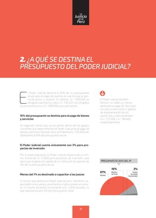 E
l Poder Judicial destina el 81% de su presupuesto
anual para el pago de planilla, el cual incluye al per-
sonal activo y cesante. En detalle, S/. 1’369,565 se
designan para dicho rubro: S/. 1’161,525 van dirigidos
al personal activo, y S/. 208,040 para pensiones.
16% del presupuesto se destina para el pago de bienes
y servicios
Un segundo monto que se encuentra dentro de los gastos
corrientes que debe enfrentar el Poder Judicial es el pago de
bienesyservicios.Paratalrubro,elPJdestinaS/.273,340;ello
representa el 16% del presupuesto anual.
El Poder Judicial cuenta únicamente con 3% para pro-
yectos de inversión
Por lo antes expuesto, el Poder Judicial dispone de un ínfi-
mo monto de S/. 51,600 para proyectos de inversión; vale
decir que el gasto de capital de la institución es apenas de
3% de su presupuesto anual.
Menos del 1% es destinado a capacitar a los jueces
El monto que destina el Poder Judicial para mantener ca-
pacitados a los jueces y auxiliares jurisdiccionales es esca-
so. El monto asciende únicamente a S/. 4,056 anuales, lo
que representa al 0.3% del presupuesto total.
2. ¿AQUÉ SE DESTINAEL
PRESUPUESTO DELPODER JUDICIAL?
El Poder Judicial también
tiene en su haber un monto
destinado al pago de “bono por
función jurisdiccional” y “gastos
de representación de los
jueces”, los cuales ascienden
a S/. 273,506 y S/. 198,482,
respectivamente.
81%
Planilla
16%
Bienesy
servicios
3%
Gastos
decapital
(inversiones)
PRESUPUESTO 2015 DELPJ
51
enel
Justicia
Perú
La
 