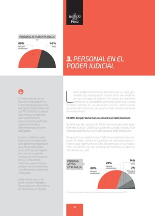 3. PERSONALEN EL
PODER JUDICIAL
L
lama poderosamente la atención que un alto por-
centaje del presupuesto institucional sea destina-
do para el pago de planilla. Por tanto, es relevante
identificar la cantidad de personal con el que cuenta
el Poder Judicial, el cual asciende a 20,367, entre jueces,
personal de confianza, personal jurisdiccional y personal
administrativo(*)
.
El 60% del personal son auxiliares jurisdiccionales
Se tiene que del universo de 20,367 personas que laboran en
el Poder Judicial, 12,309 son auxiliares jurisdiccionales. Esta
cantidad representa el 60% del personal en la institución.
De igual forma, se tiene que 4,633 se encuentran laboran-
do en el Poder Judicial en condición de personal adminis-
trativo; ello representa el 23% del personal en la institu-
ción. Por último, 587 son personal de confianza, es decir, el
3% del monto total.
El Poder Judicial no se
encuentra incluido en el
Fondo de Apoyo Gerencial
del Sector Público (Decreto
Ley N° 25650), el cual está
destinado a compensar
adecuadamente el
asesoramiento calificado
que se brinde a las
diferentes reparticiones
del Estado.
Es decir, a diferencia de
todos los ministerios del
país, gobiernos regionales
a nivel nacional, entre
otros, el PJ se ve obligado
a incluir en su planilla
mensual la remuneración
de sus consultores,
asesores y personal que
presten servicios técnicos
y profesionales altamente
calificados.
Cabe indicar que dicho
fondo es administrado y
fiscalizado por el Ministerio
de Economía y Finanzas.
60%
Personal
jurisdiccional
40%
Otros
PERSONALACTIVO EN PLANILLA
60%
Personal
jurisdiccional
23%
Personal
administrativo 3%
Personalde
confianza
14%
Jueces
PERSONAL
ACTIVO
EN PLANILLA
(*) Información proporcionada por el Poder Judicial hasta el 28 de octubre de 2015.
52
enel
Justicia
Perú
La
 